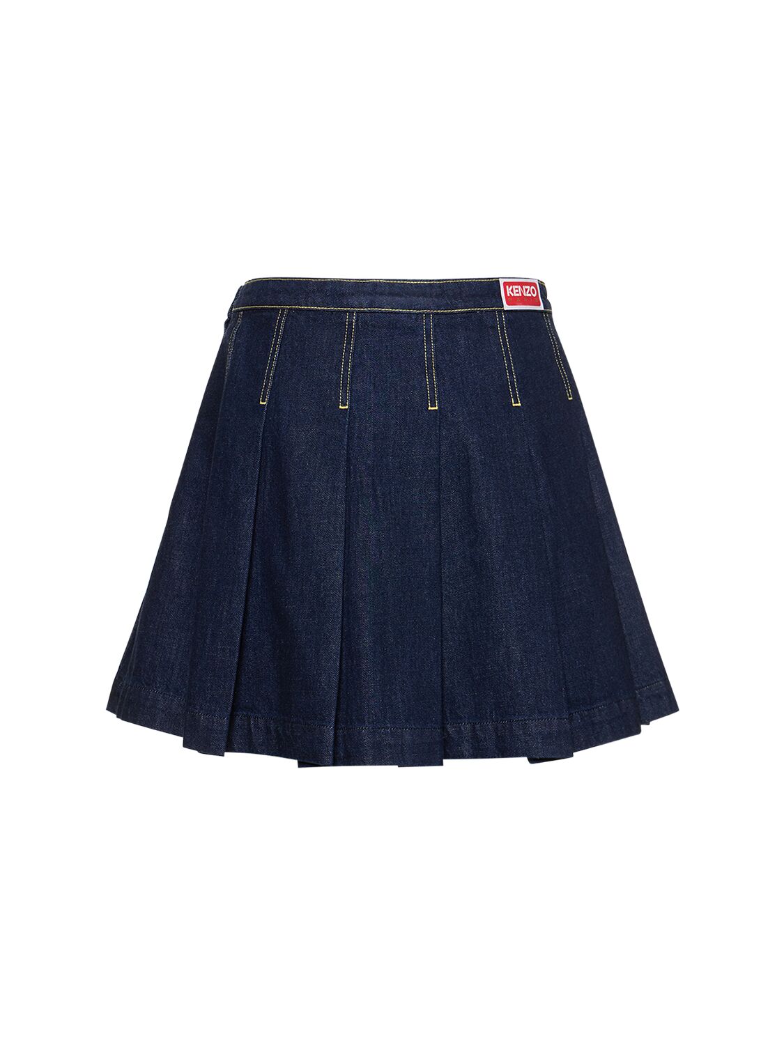 Shop Kenzo Pleated Cotton Denim Mini Skirt In Blue