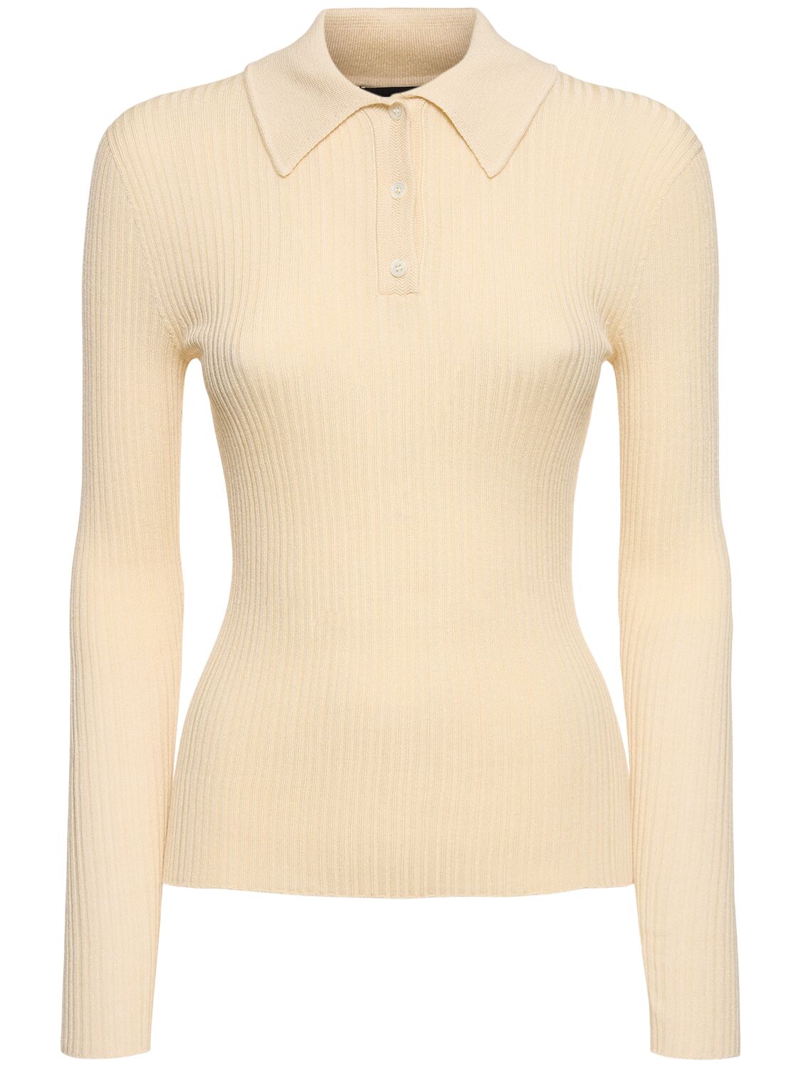 Image of Ribbed Viscose Blend Polo Top