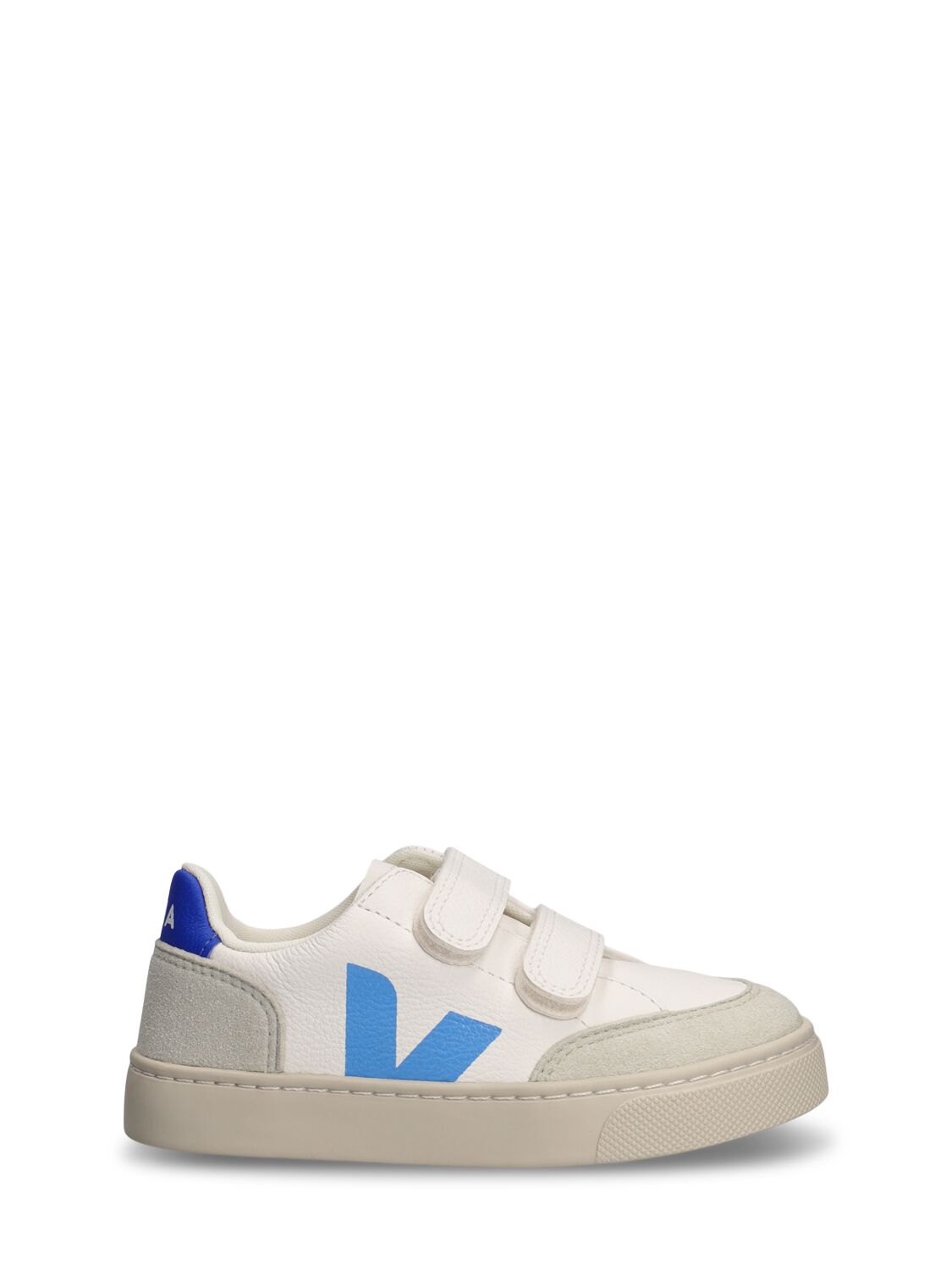 Veja Kids' V-12 Chrome-free Leather Sneakers In White,light Blue