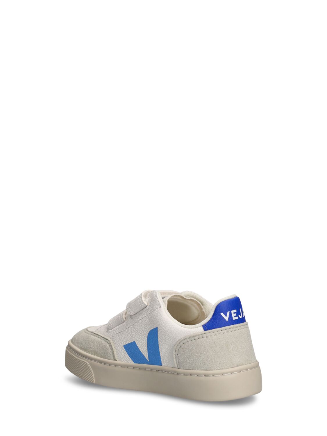 Shop Veja V-12 Chrome-free Leather Sneakers In White,light Blue