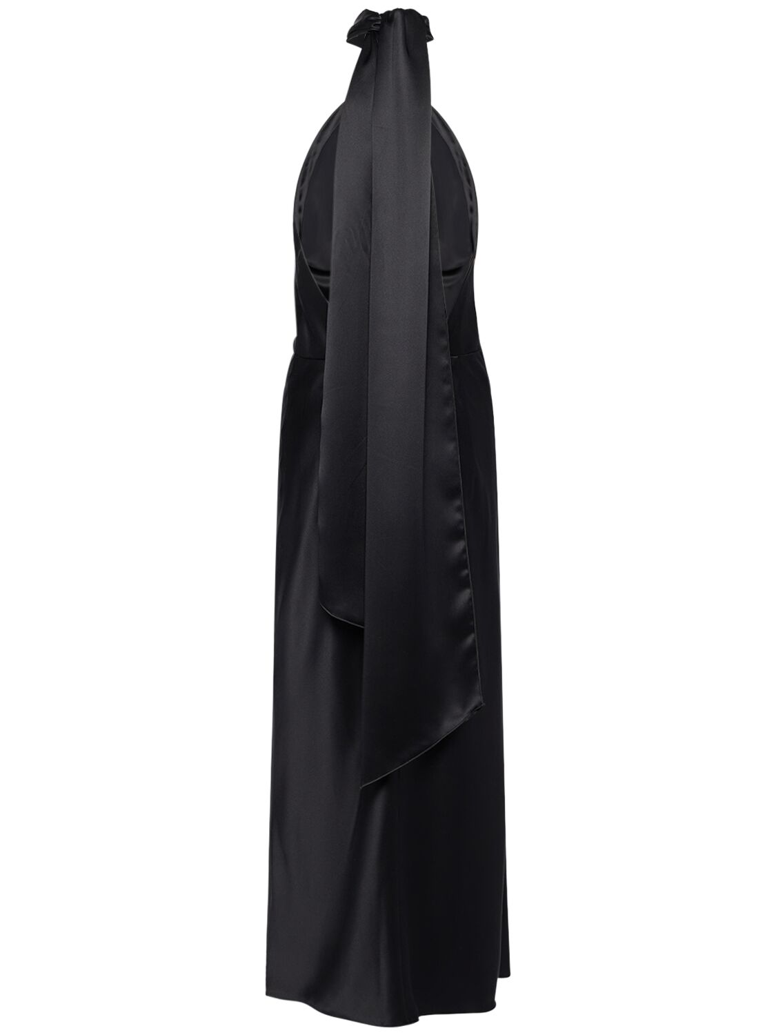 Shop Max Mara Moli Satin Long Dress W/ Self-tie Panel In Black