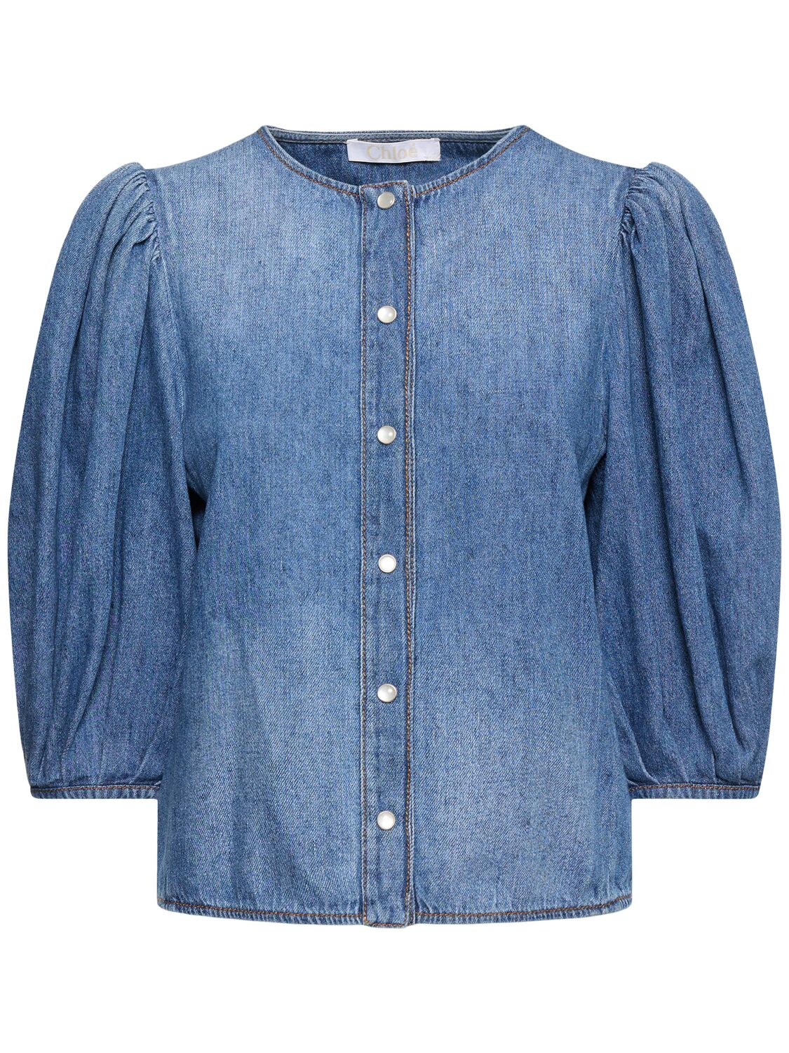 CHLOÉ Cotton & Linen Denim Puff Sleeve Shirt