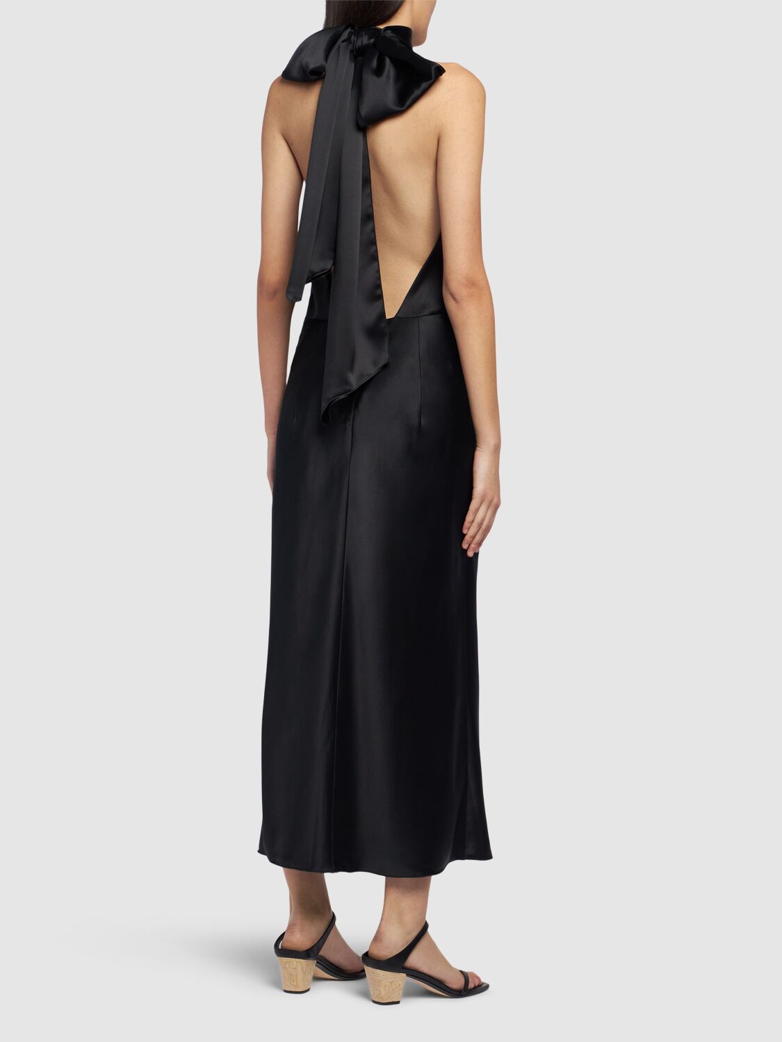 Shop Max Mara Moli Satin Long Dress W/ Self-tie Panel In Black