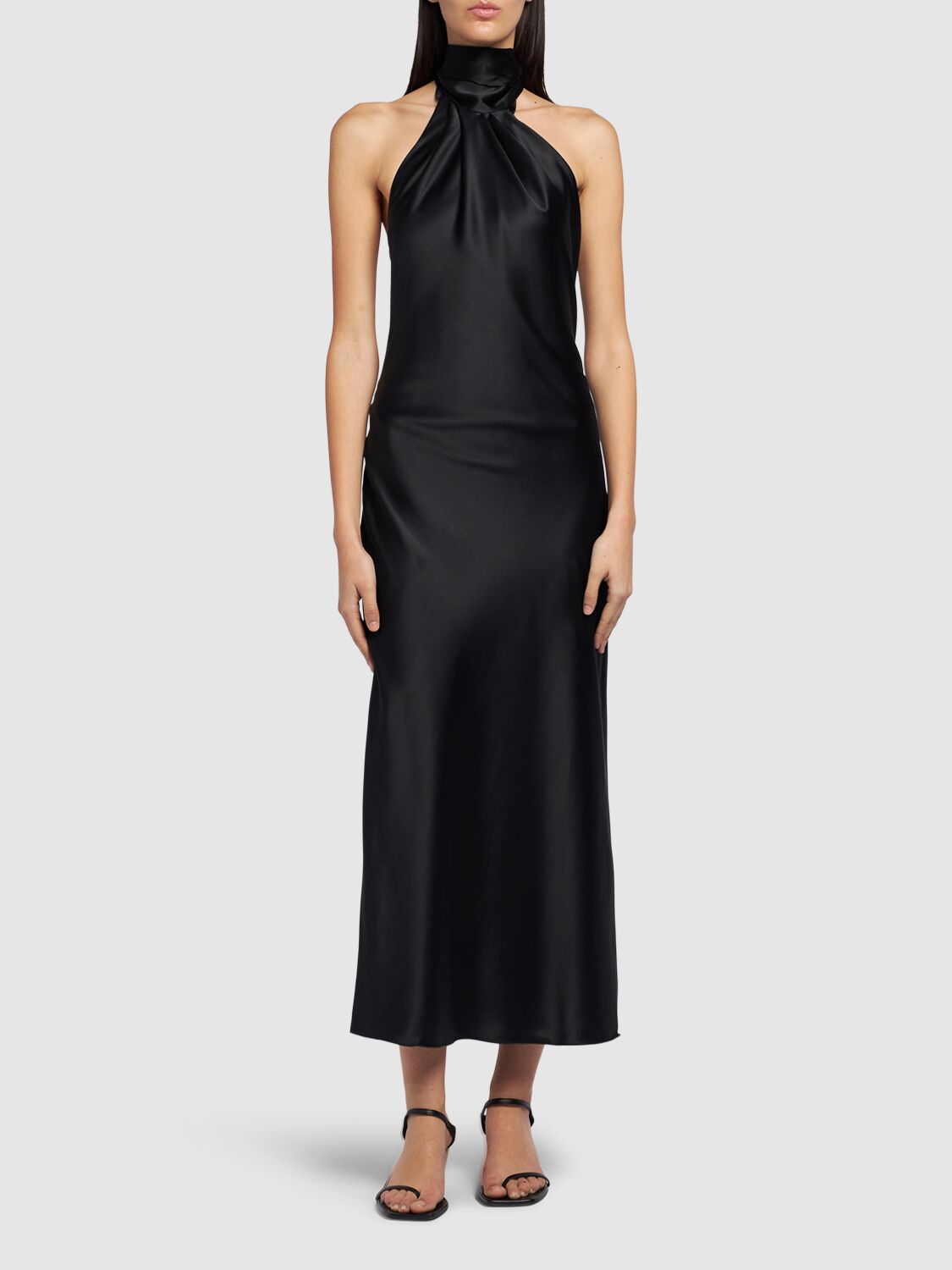 Shop Max Mara Moli Satin Long Dress W/ Self-tie Panel In Black