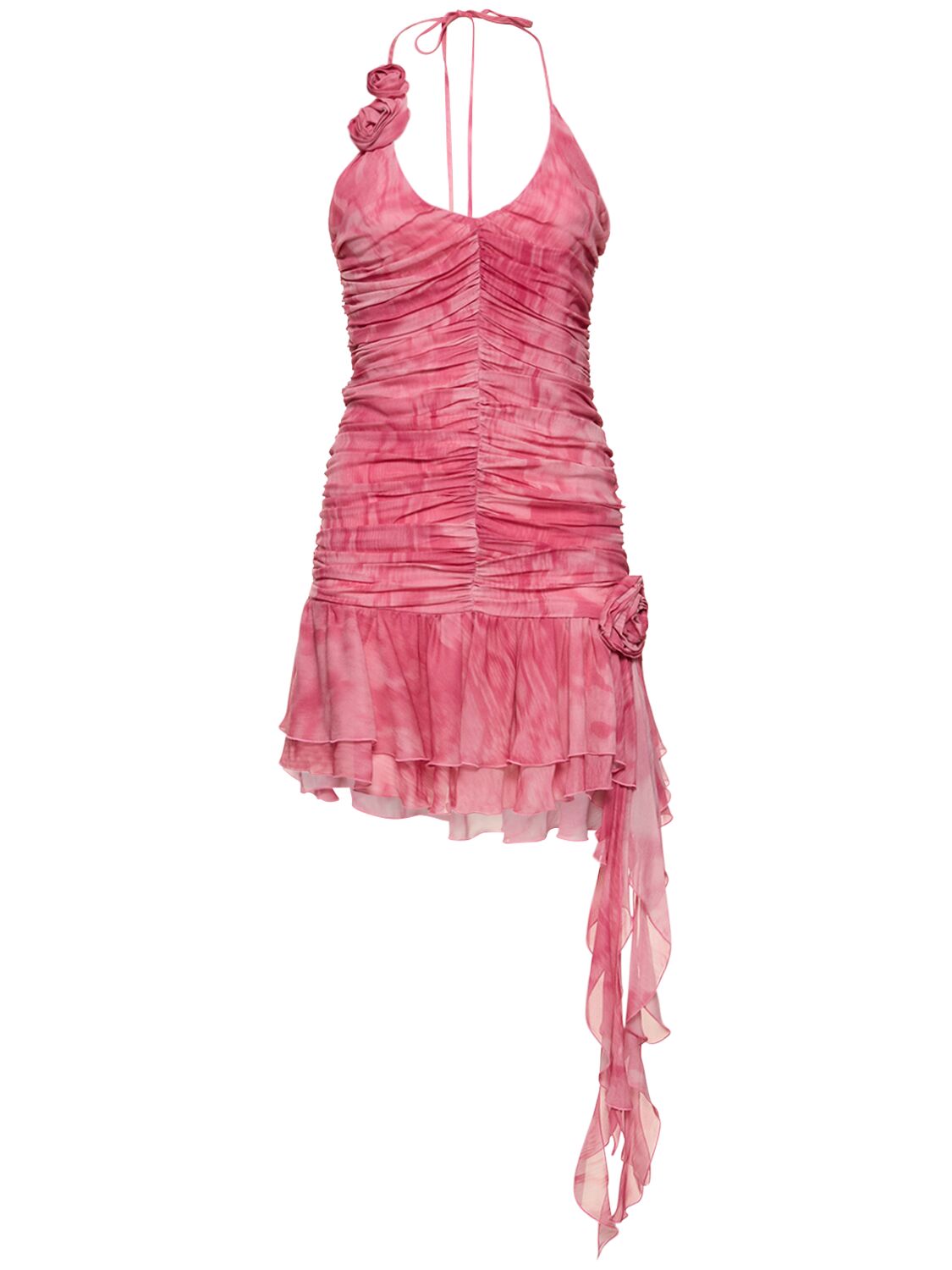 Shop Blumarine Ruched Rose Printed Viscose Mini Dress In Multi,pink