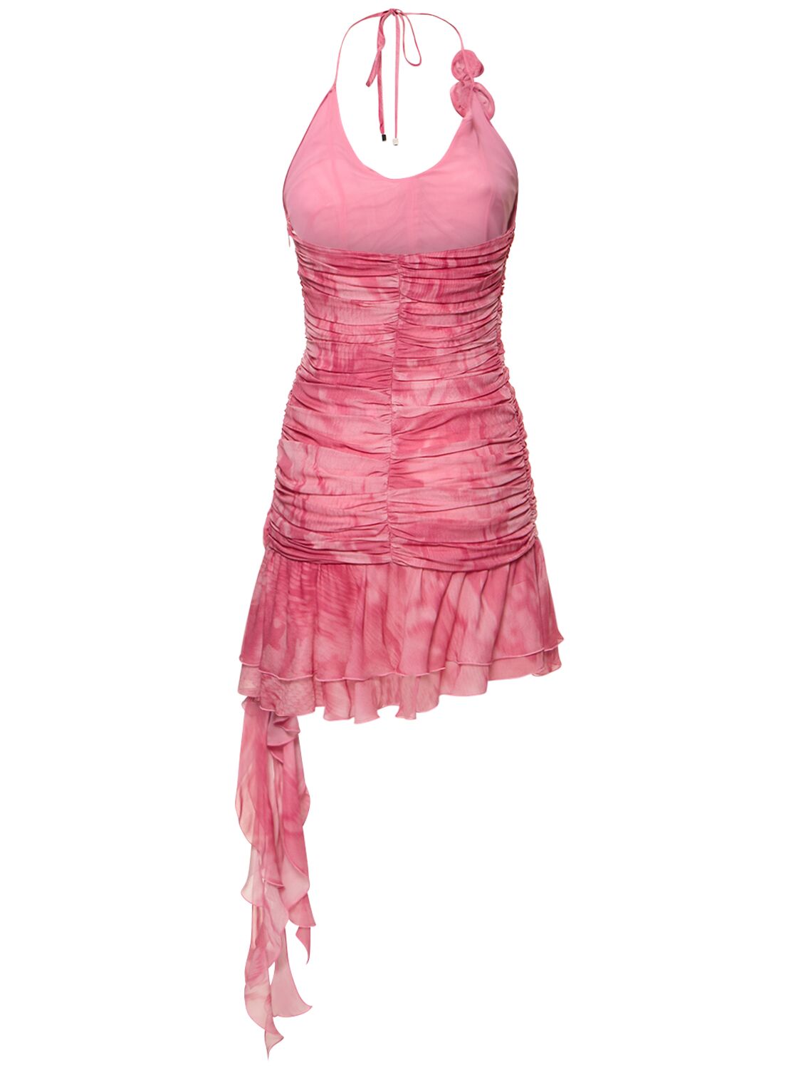 Shop Blumarine Ruched Rose Printed Viscose Mini Dress In Multi,pink