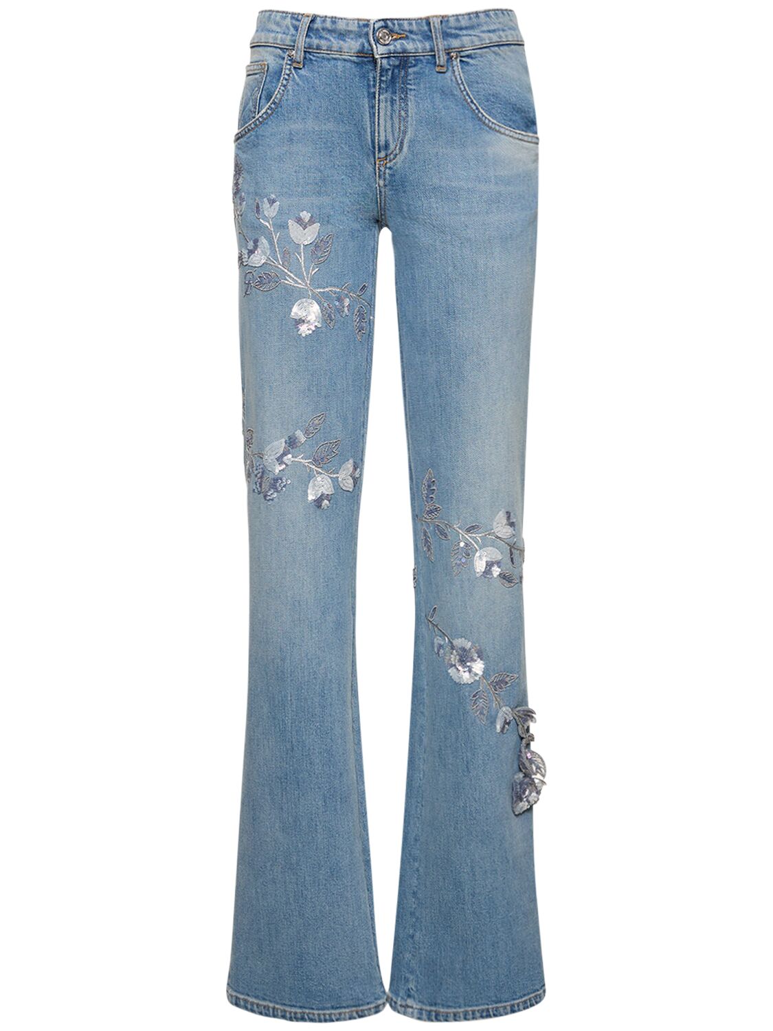 Denim Straight Jeans W/flowers