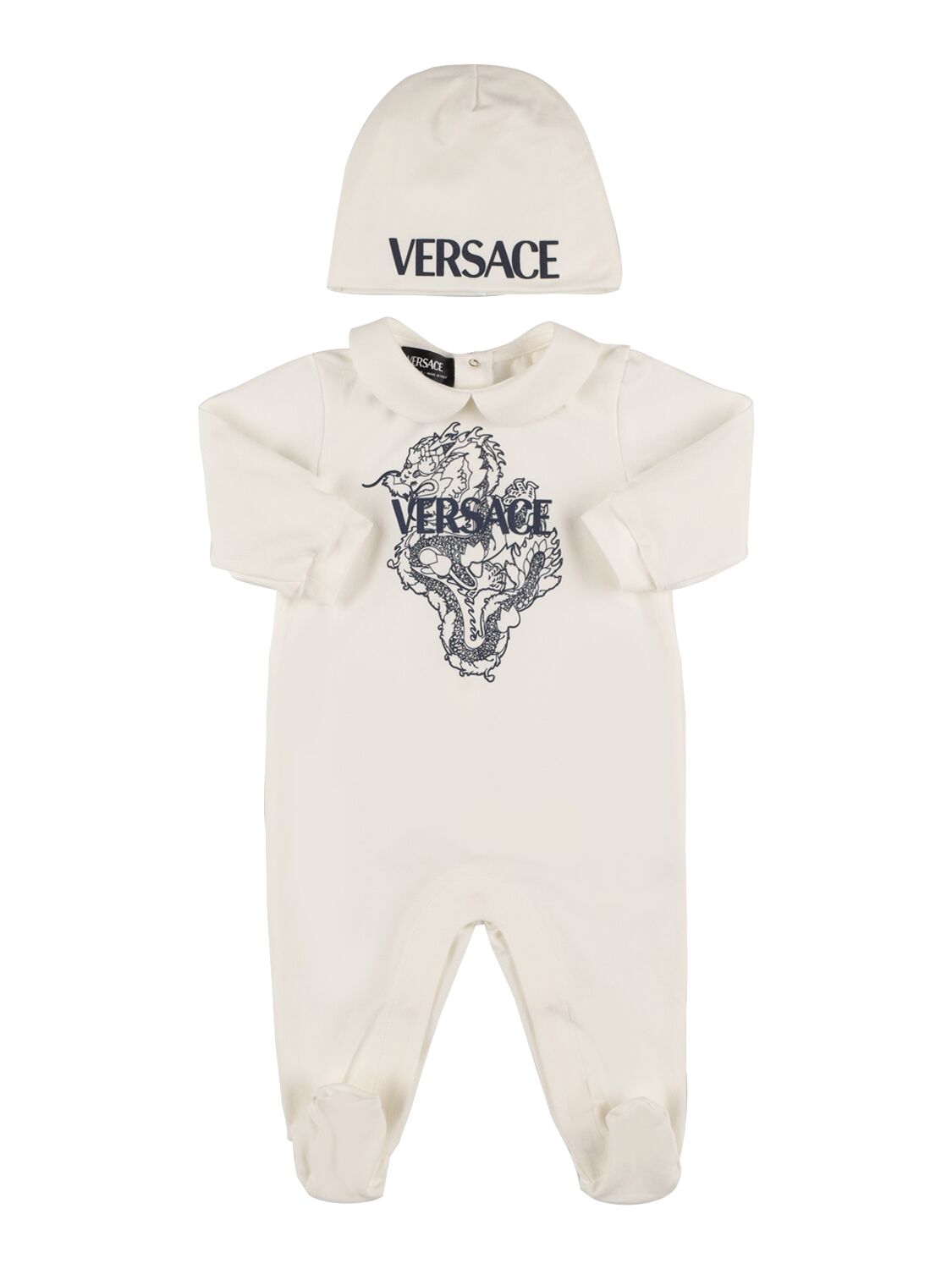 Versace Babies' Dragon Cotton Jersey Romper & Hat In White,blue