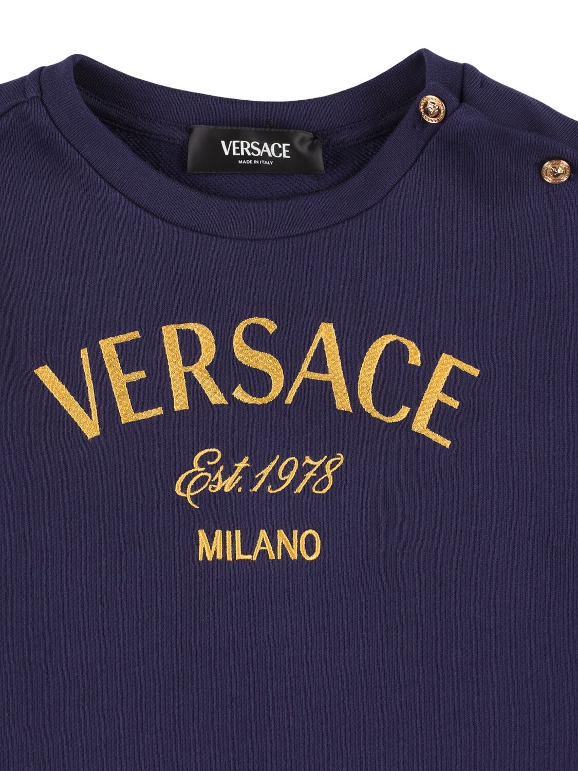 Shop Versace Embroidered Logo Sweatshirt In Navy,gold