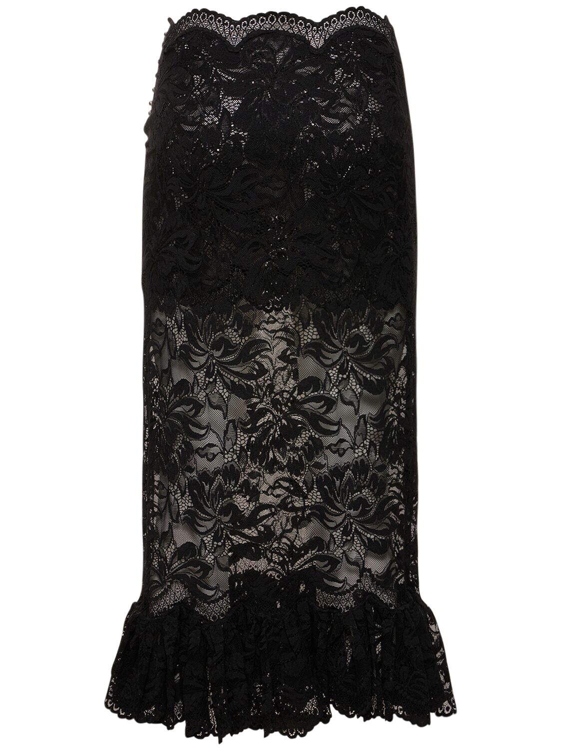 Shop Rabanne High Rise Lace Flared Midi Skirt In Black
