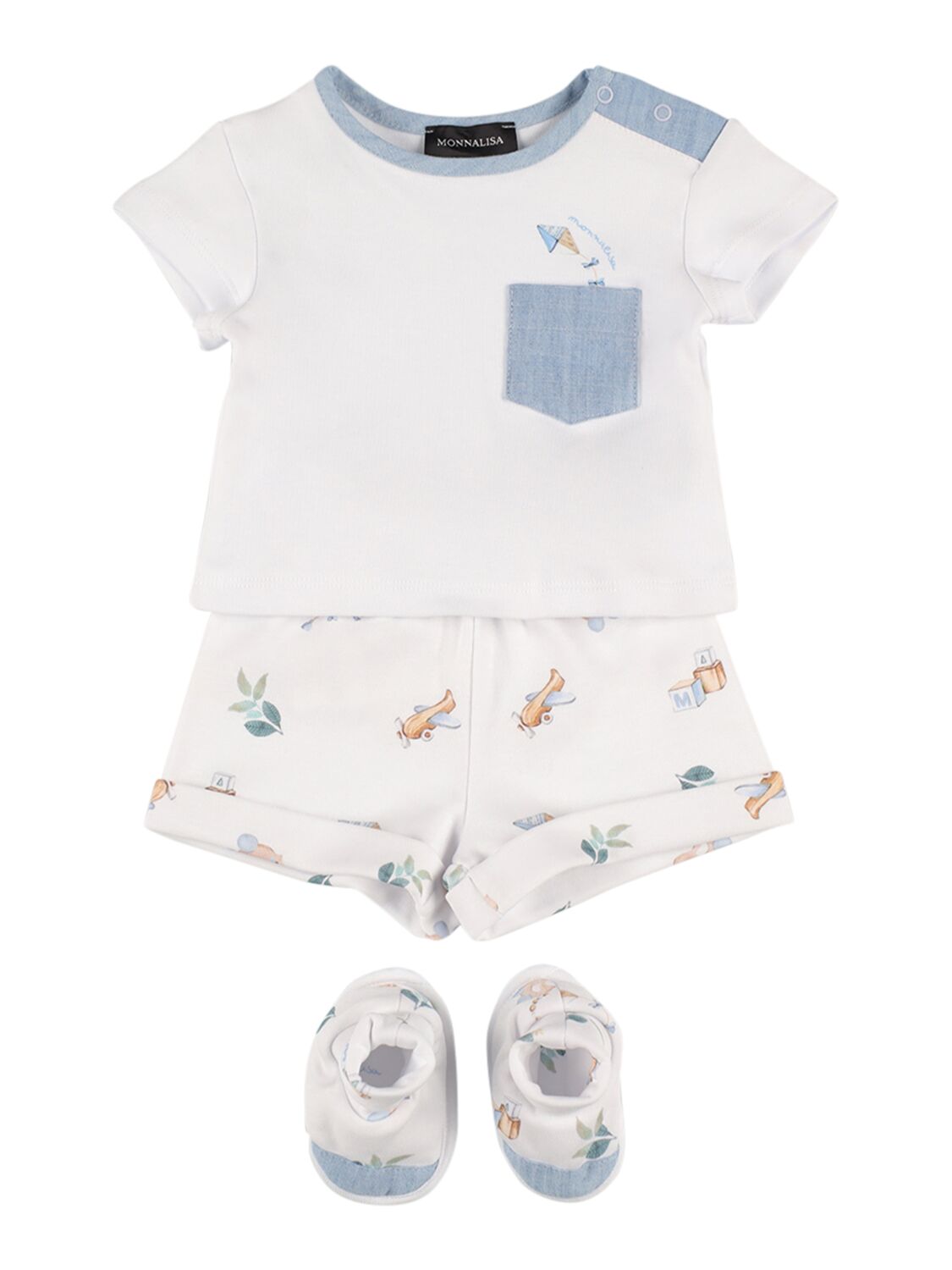 Monnalisa Babies' 棉质平纹针织t恤、短裤&袜子 In White,blue