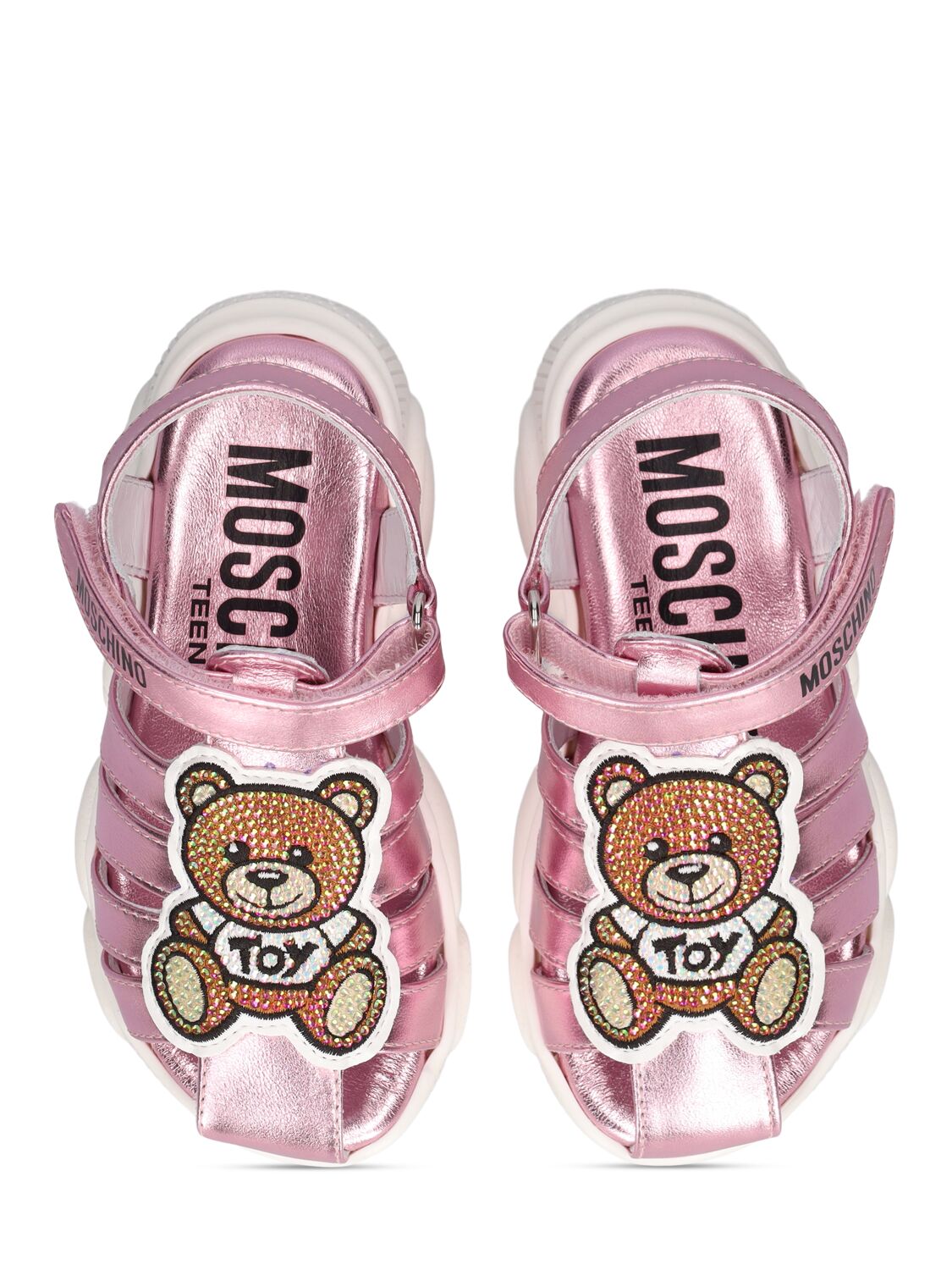 Shop Moschino Laminated Leather Sandals In Pink