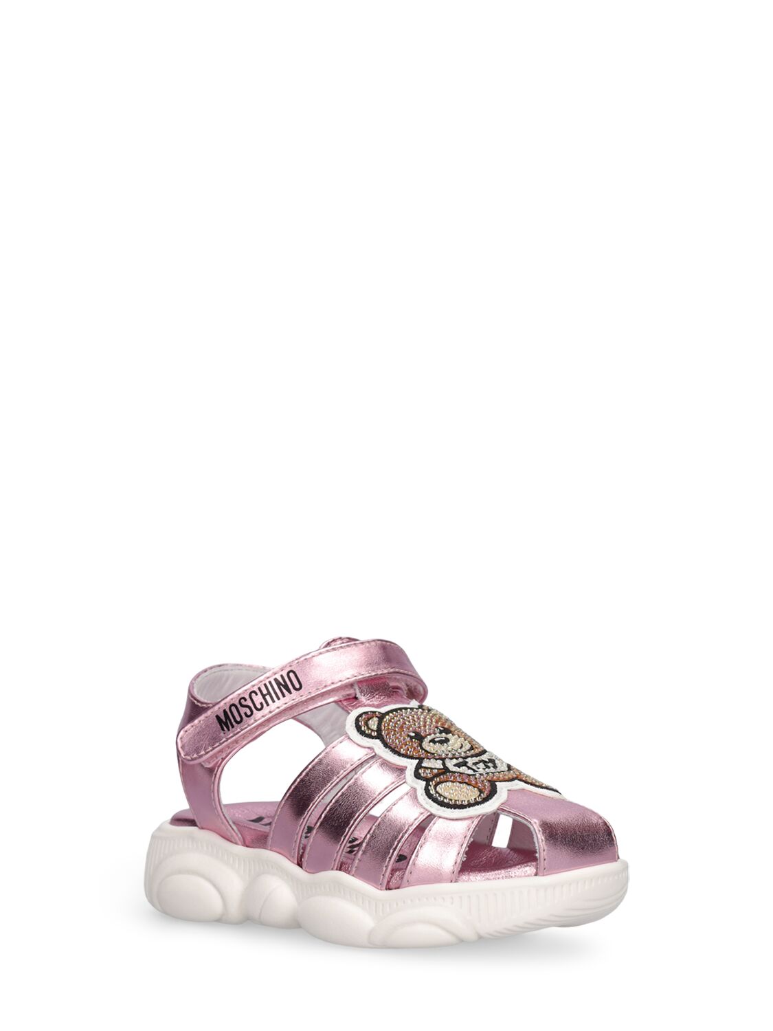 Shop Moschino Laminated Leather Sandals In Pink