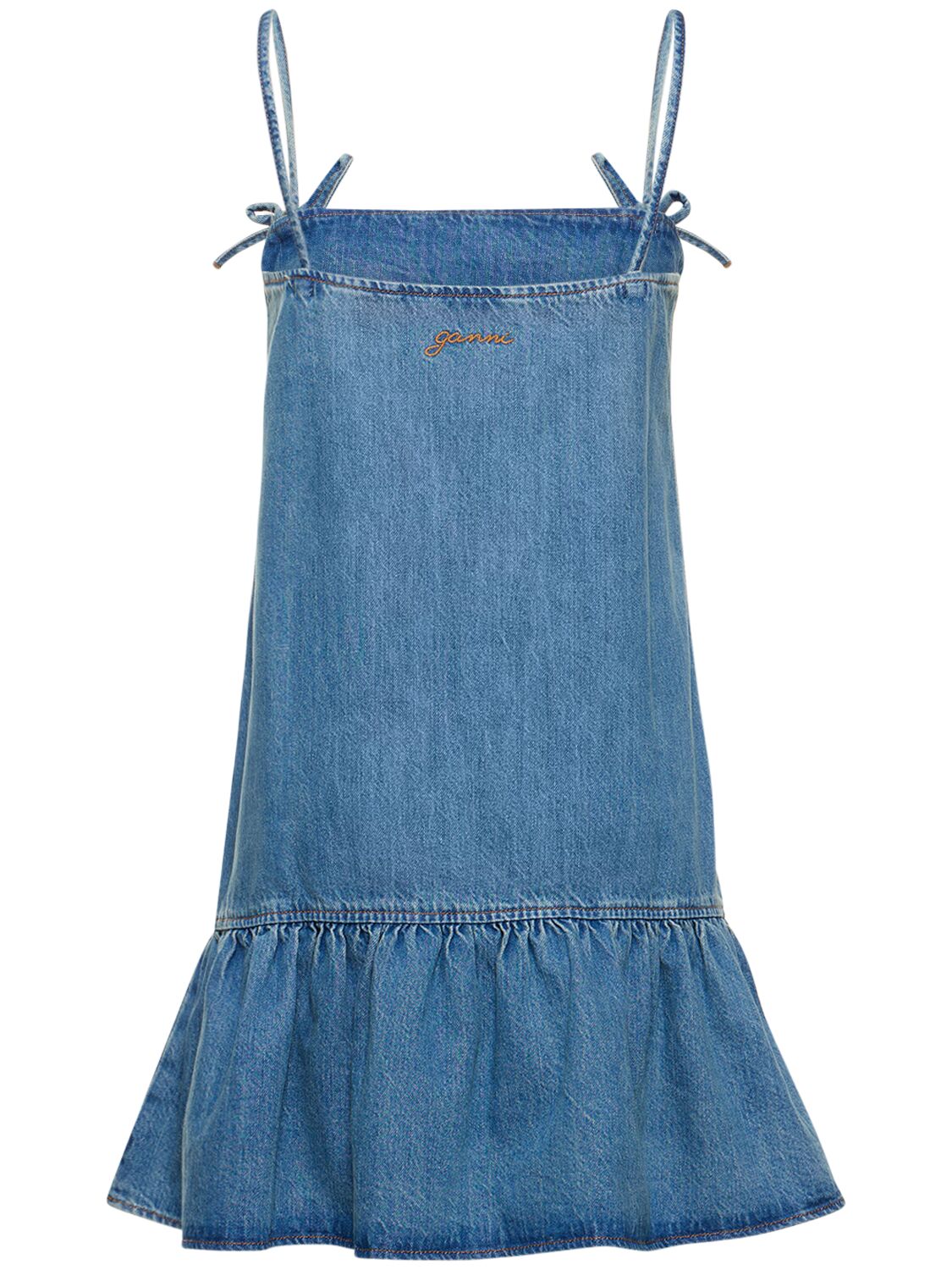 Shop Ganni Tinted Cotton Denim Mini Dress In Blue
