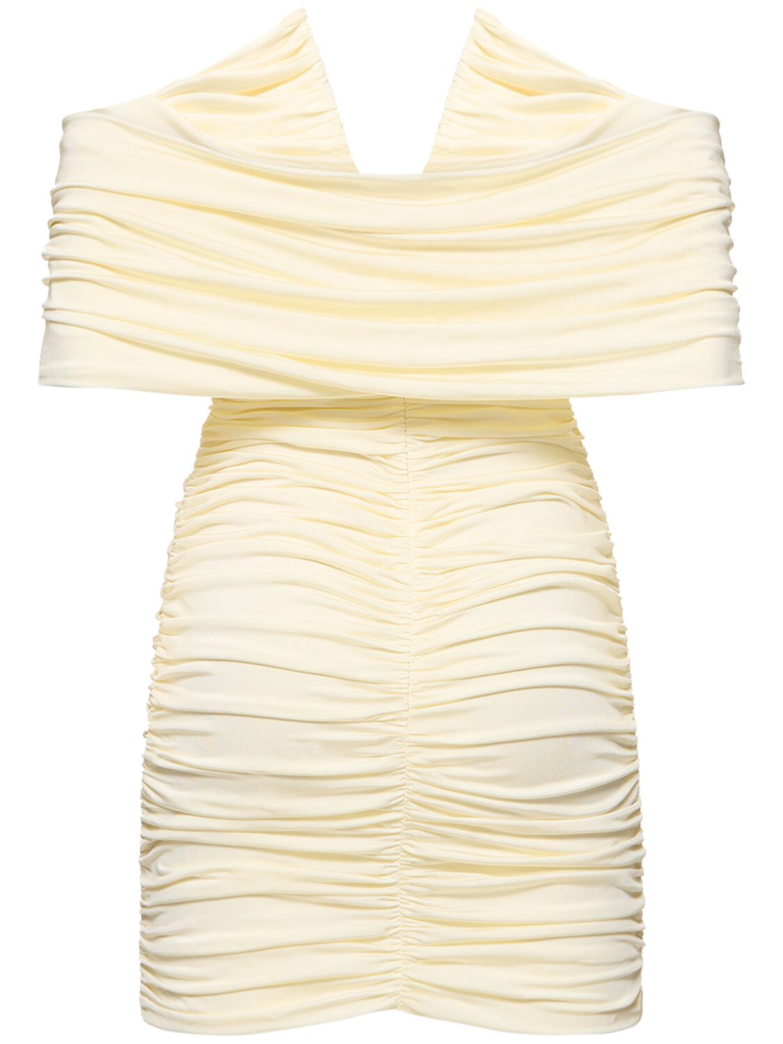 Shop Magda Butrym Draped Jersey Off-shoulder Mini Dress In Ivory