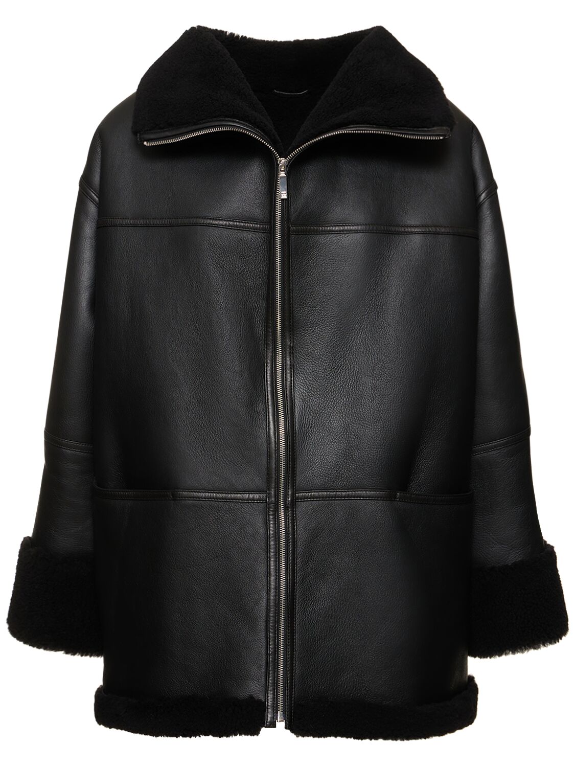 Totême Signature Shearling Zip Coat In Black