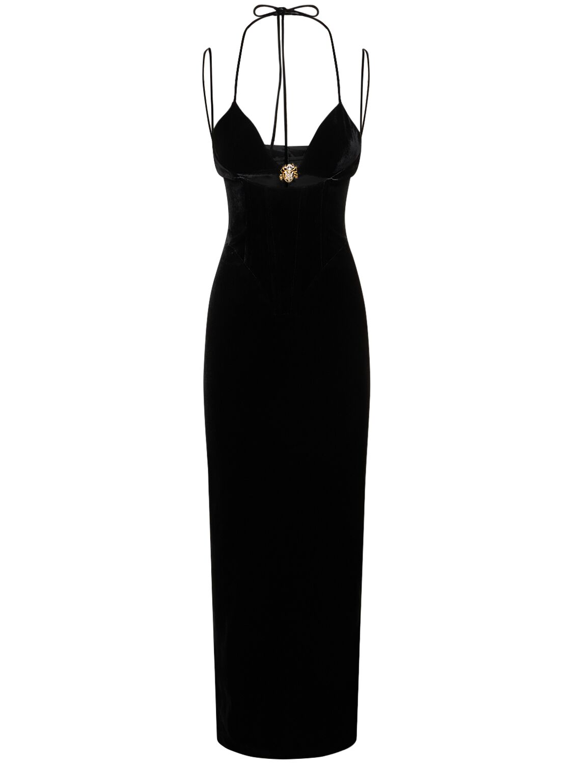 Alessandra Rich Velvet Embellished Cutout Long Dress In Black