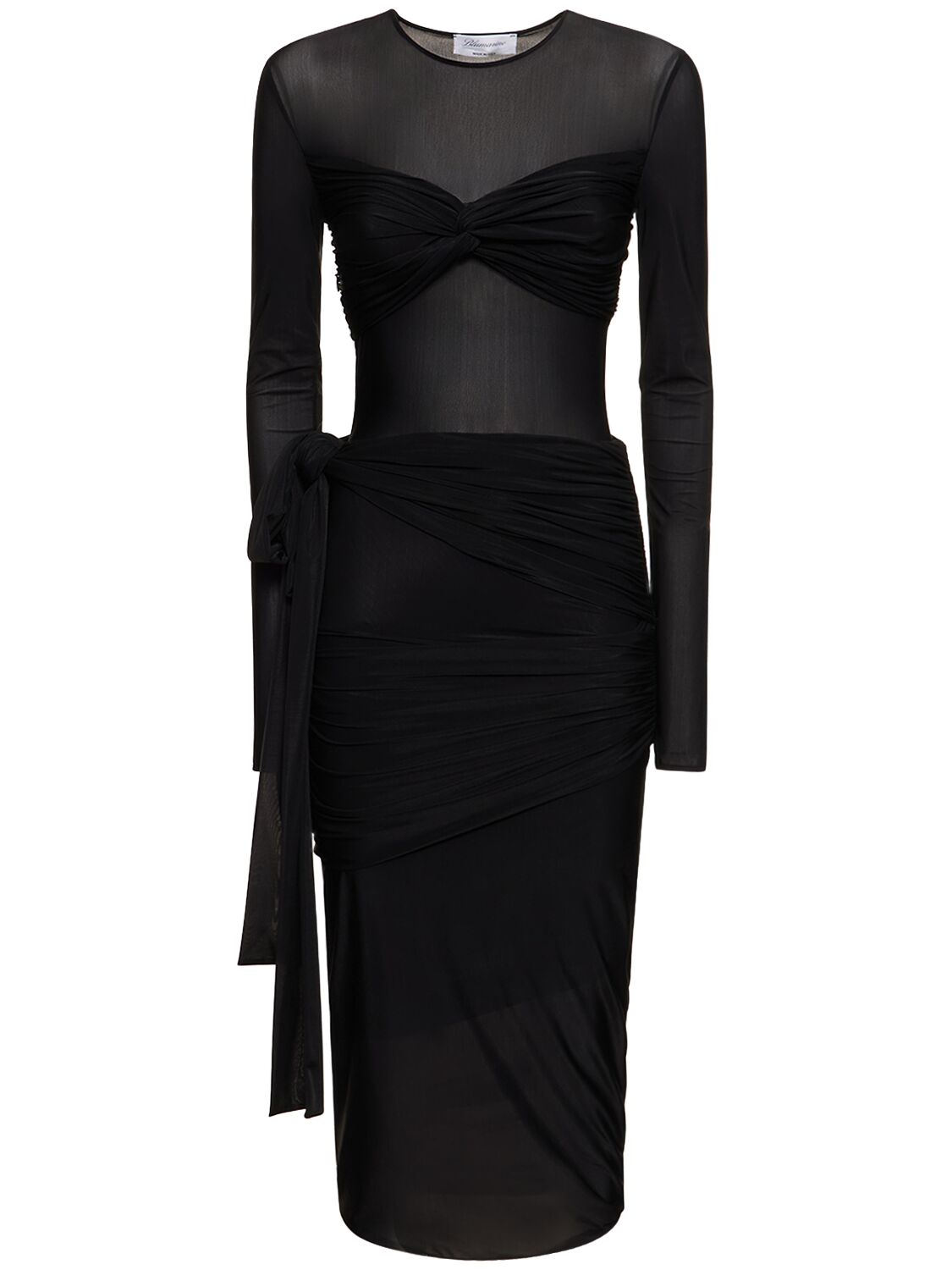 Shop Blumarine Draped Stretch Tech Midi Dress W/bow In Black