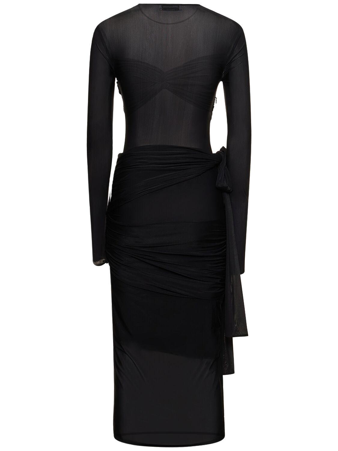 Shop Blumarine Draped Stretch Tech Midi Dress W/bow In Black