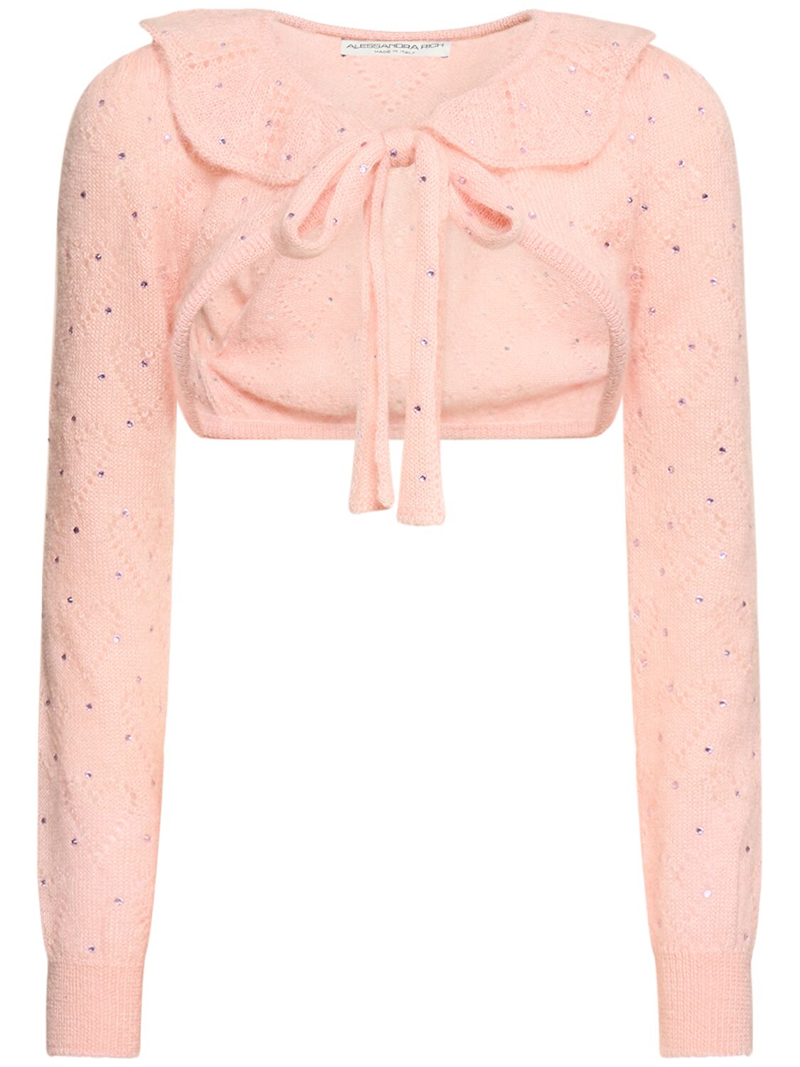 Alessandra Rich Mohair Knit Self-tie Crop Bolero W/studs In Light Pink