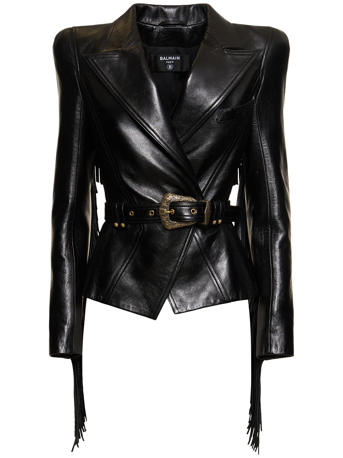 Balmain Belted Leather Jacket W/ Fringe In Black