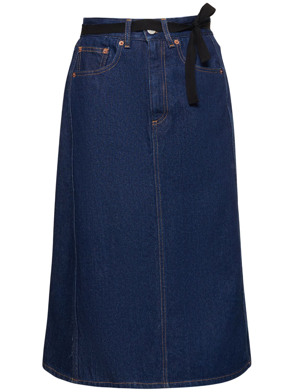Image of Asymmetric Cotton Denim Midi Skirt