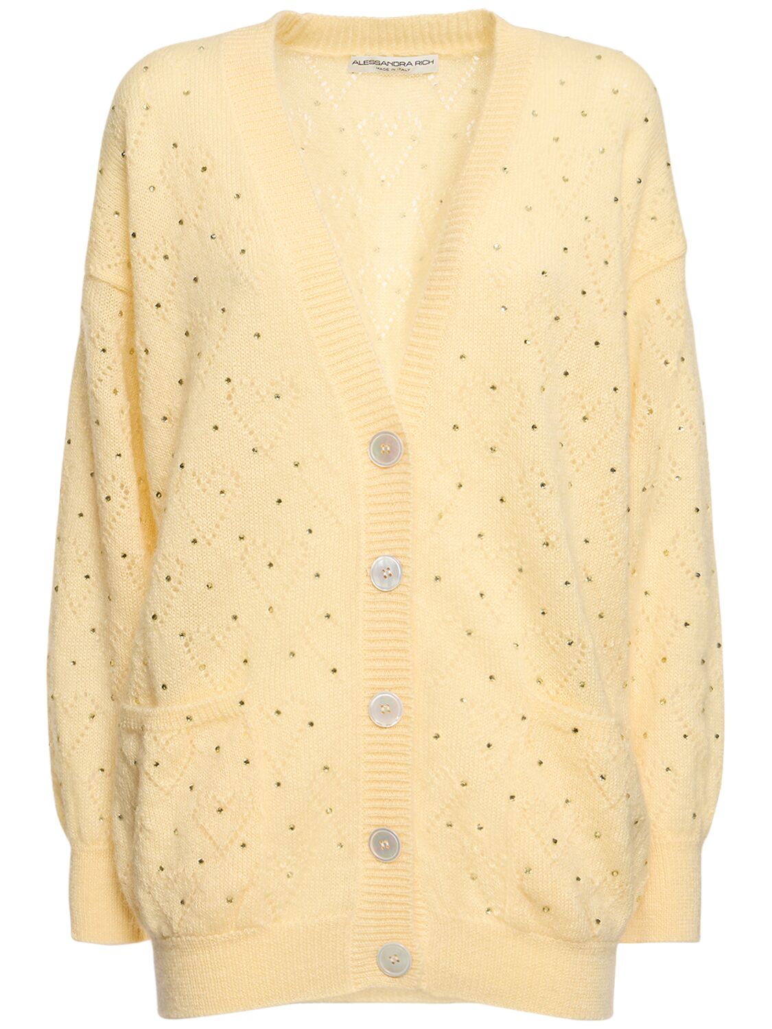 Shop Alessandra Rich Knitted Mohair Long Cardigan W/ Crystals In Light Yellow