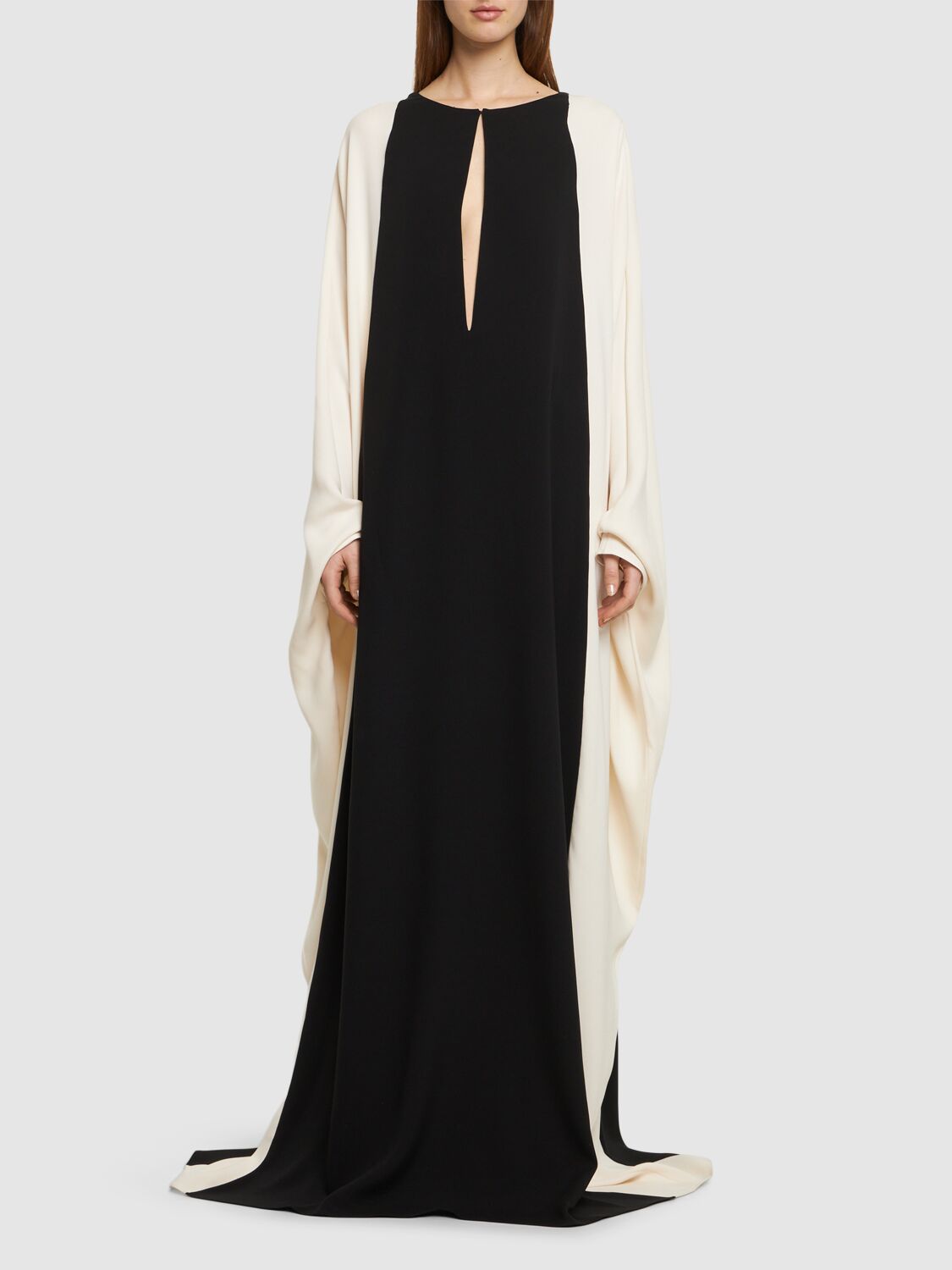 Shop Tom Ford Silk Georgette Bat Sleeve Long Dress In Black,ivory