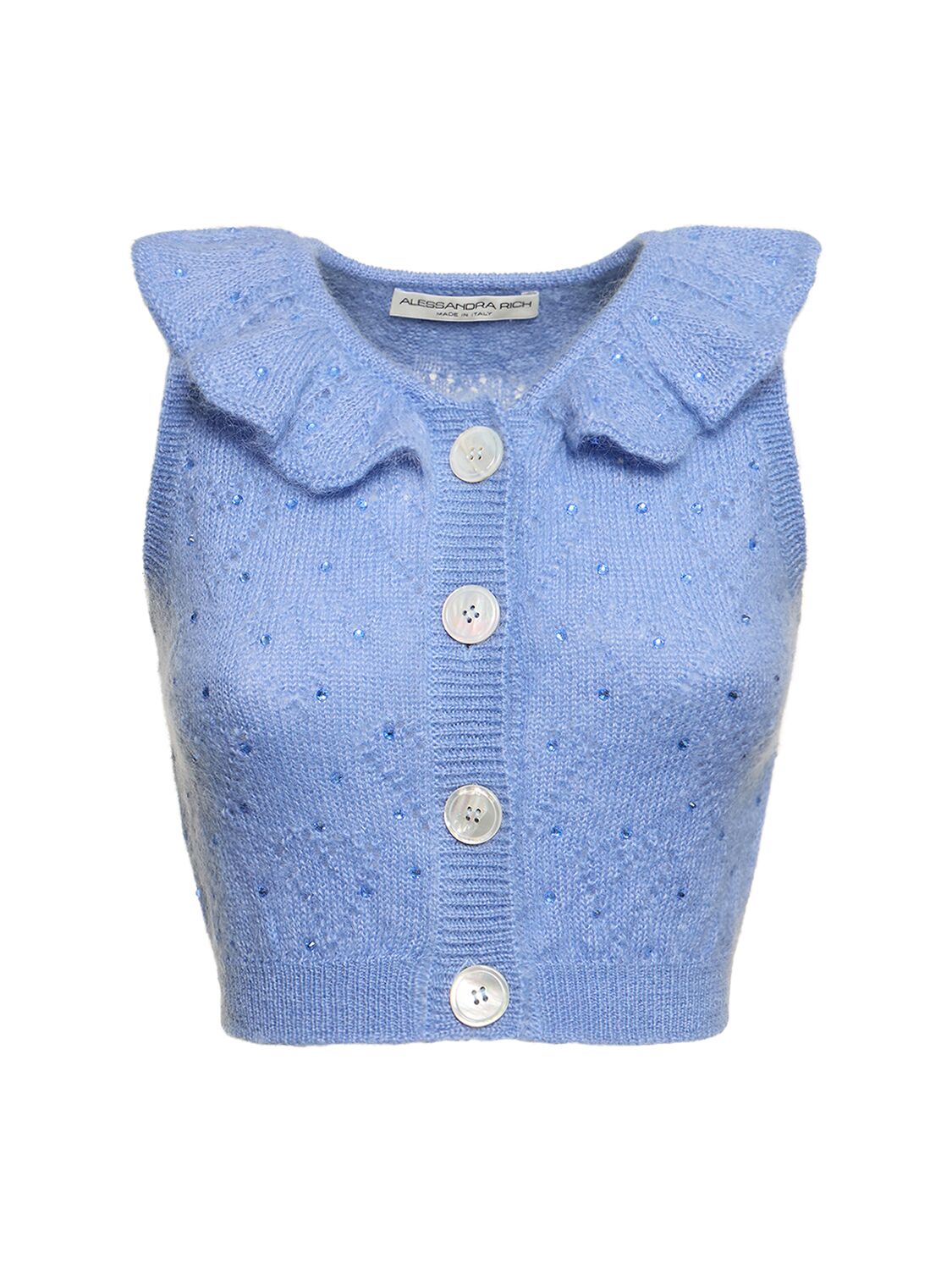 Alessandra Rich Mohair Knit Cropped Waistcoat Top W/ Studs In Light Blue