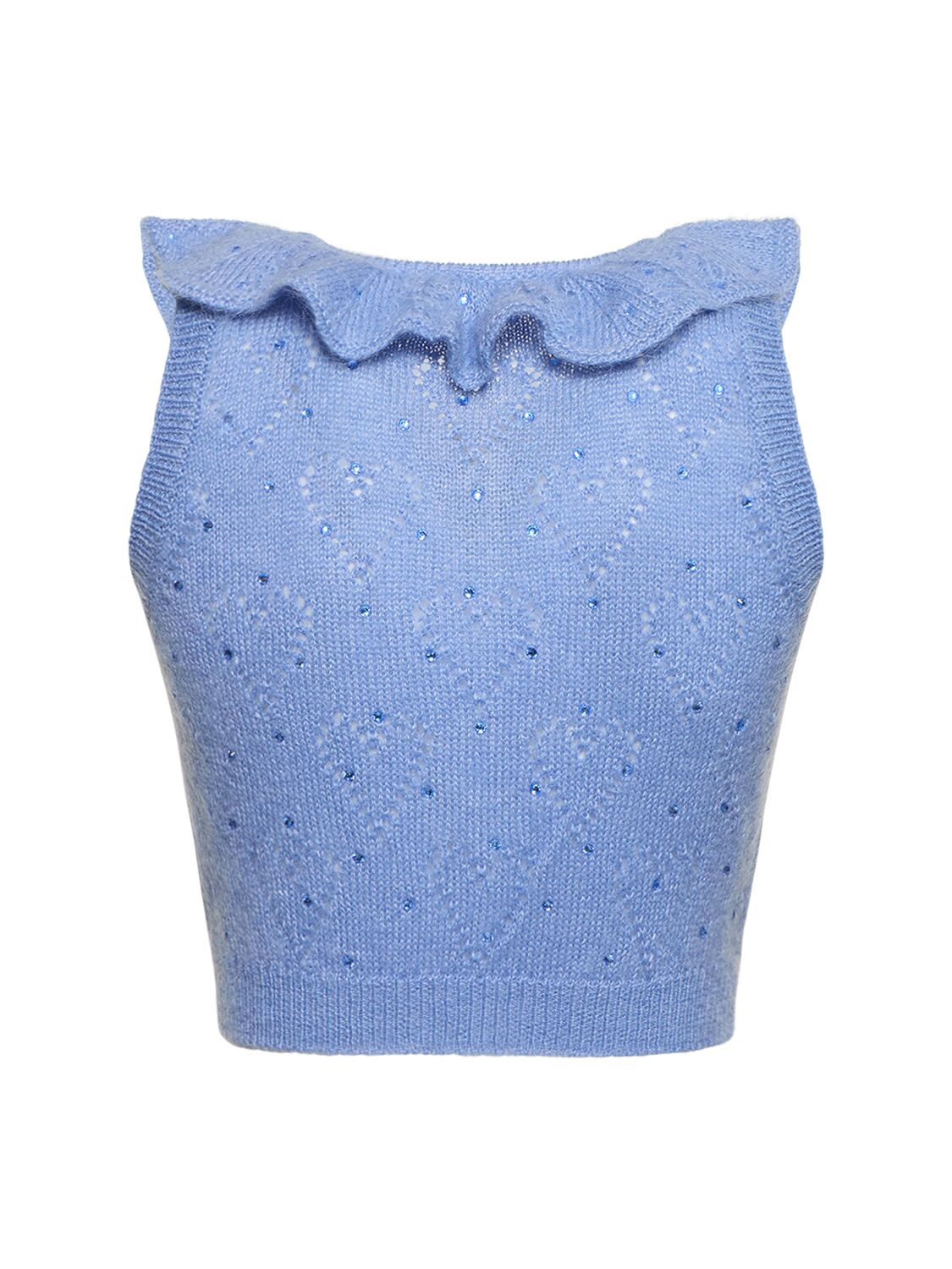 Shop Alessandra Rich Mohair Knit Cropped Vest Top W/ Studs In Light Blue