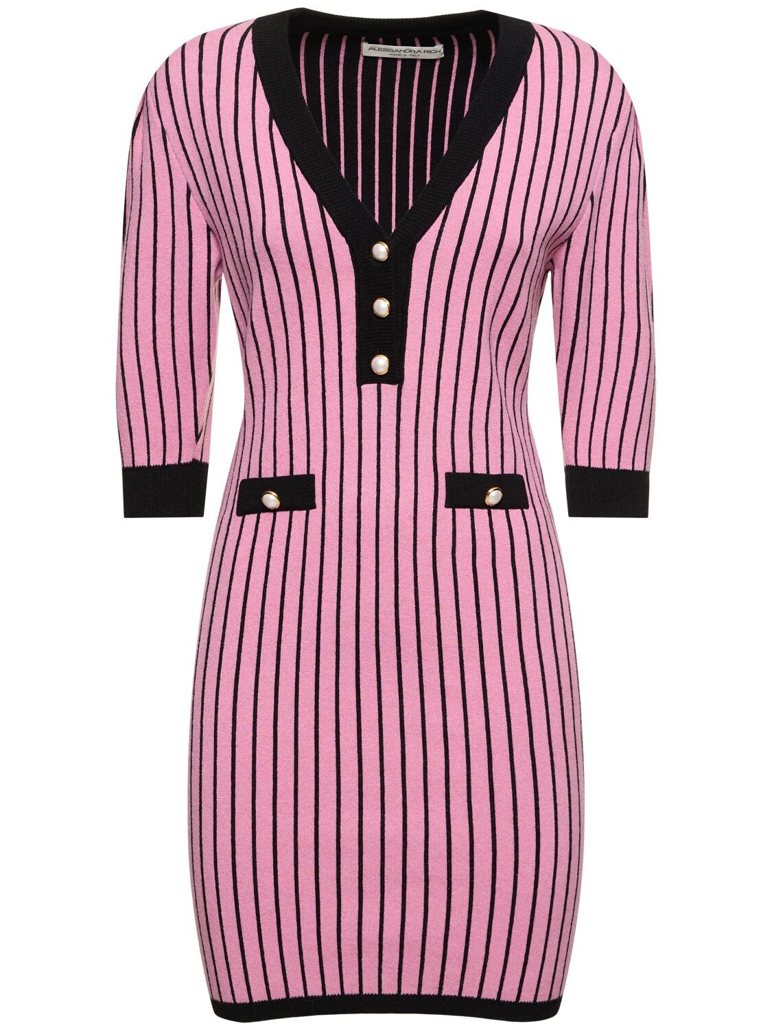 Shop Alessandra Rich Pinstriped Knit V-neck Mini Dress In Pink,black