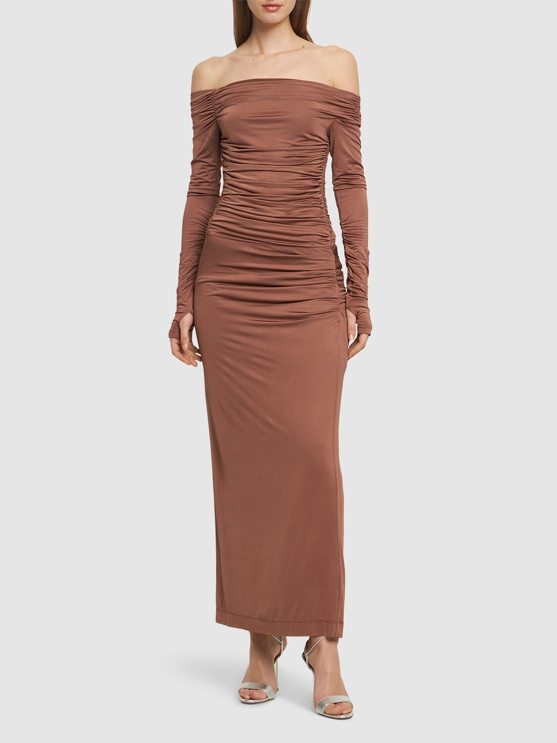 Shop Helmut Lang Luster Stretch Viscose Long Dress In Brown