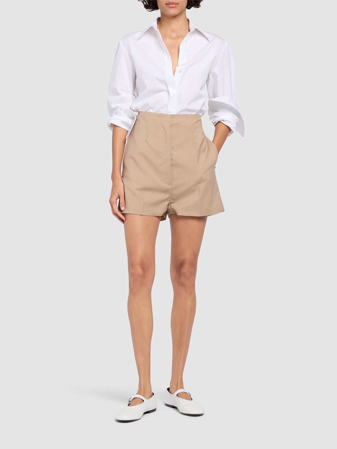 Shop Sportmax Adorato Wool Blend Shorts In Dark Beige