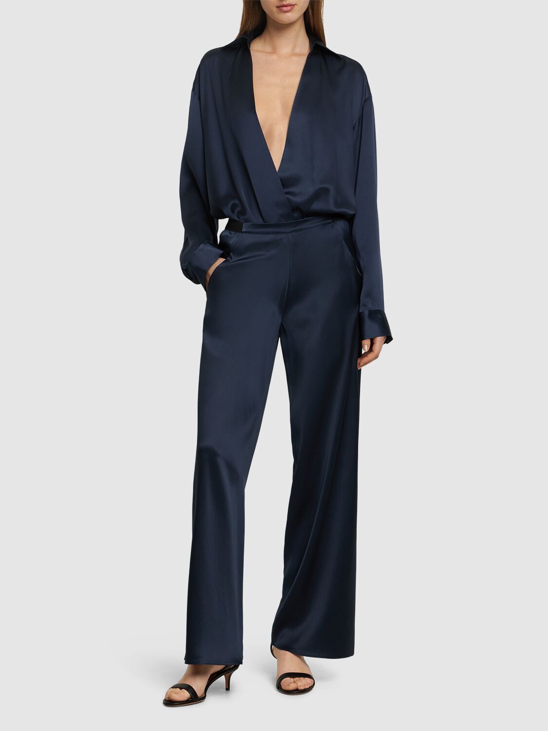 Shop Christopher Esber Bias Silk Mid Waist Wide Pants In Navy