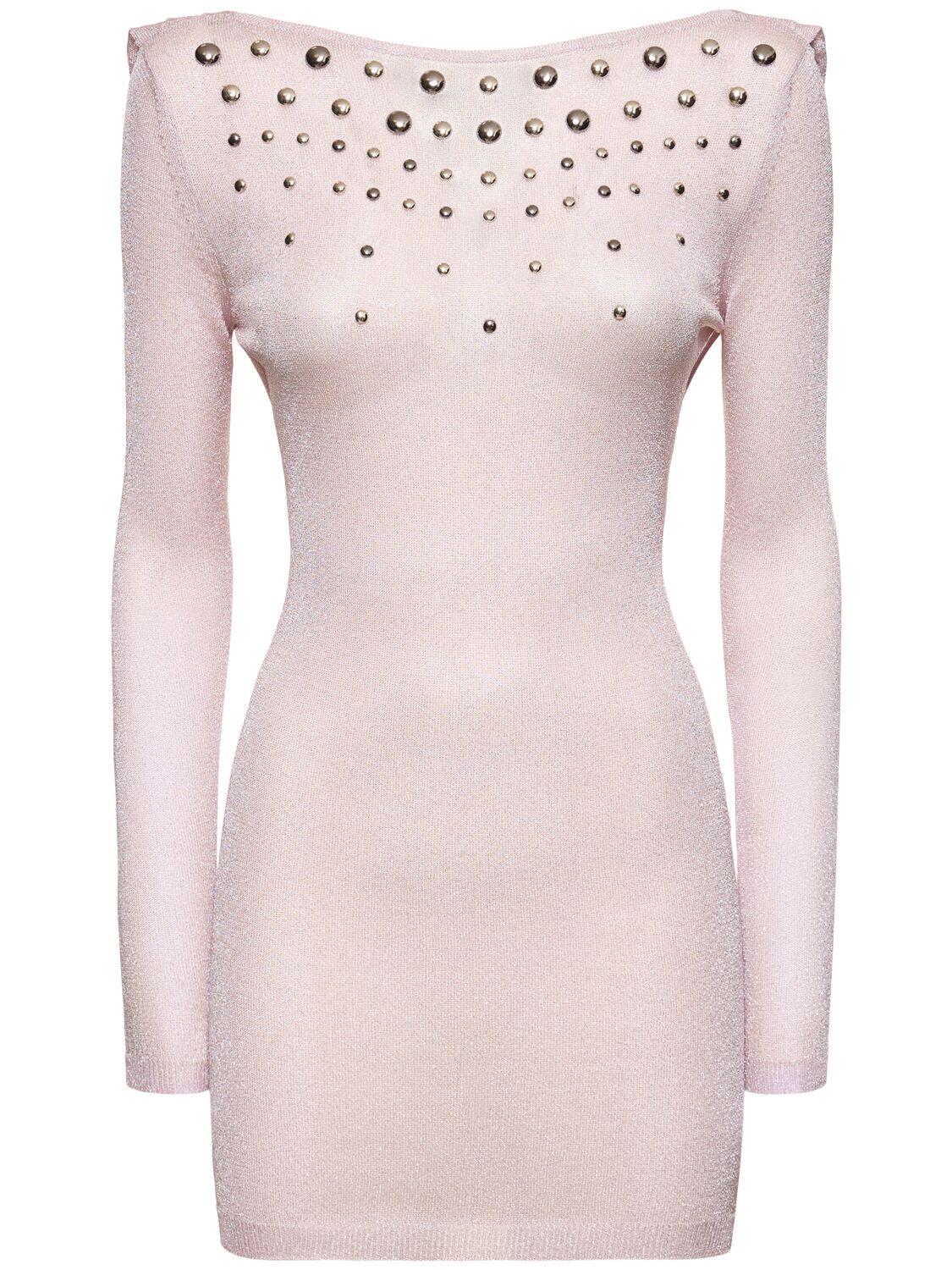 Alessandra Rich Open Back Lurex Knit Mini Dress W/hotfix In Light Pink