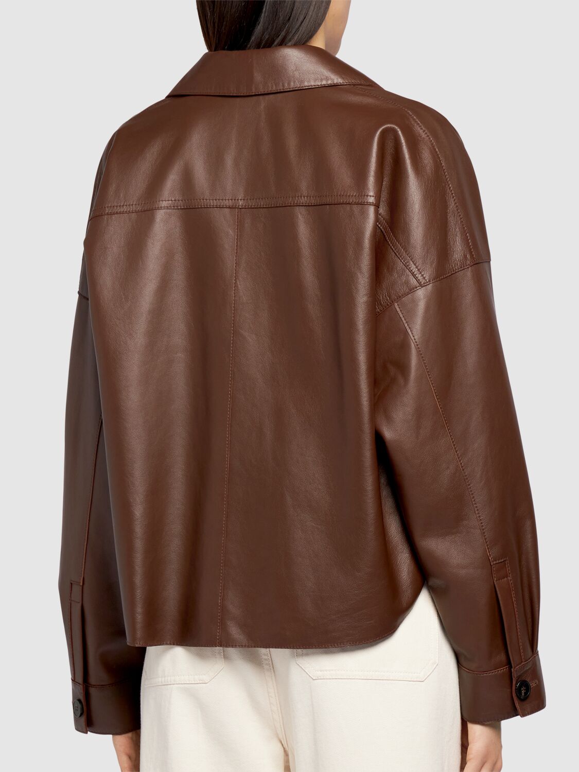 Shop Weekend Max Mara Buono Leather Shirt Jacket W/ Pockets In Brown