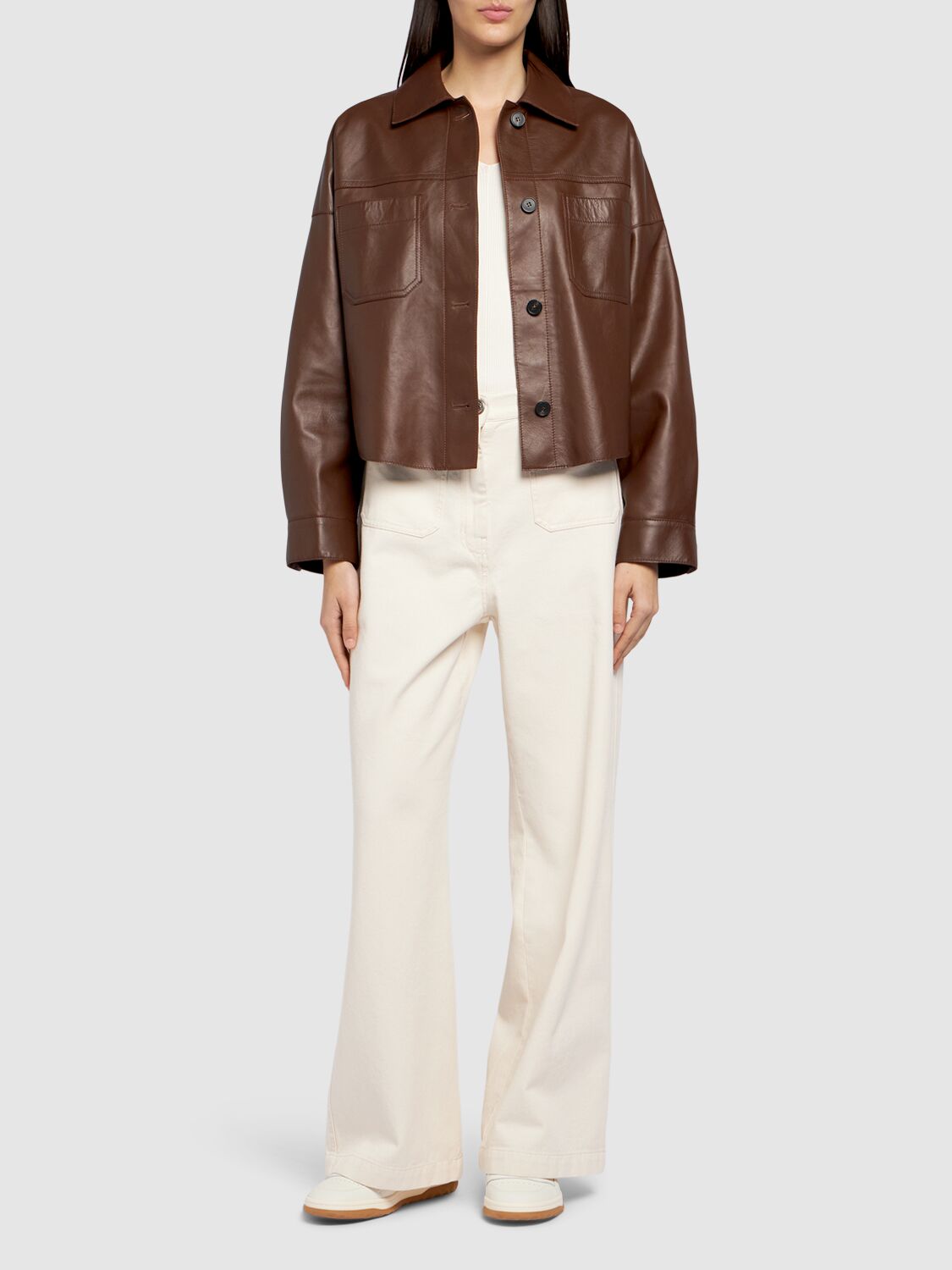 Shop Weekend Max Mara Buono Leather Shirt Jacket W/ Pockets In Brown