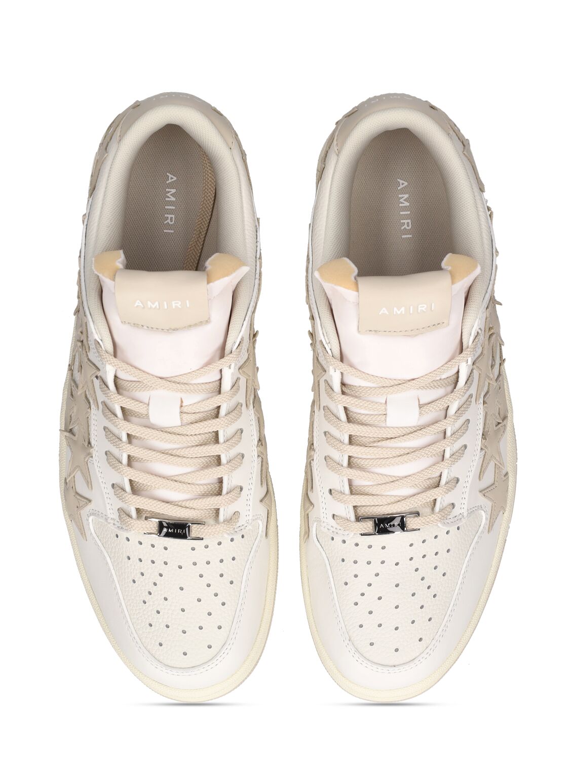 Shop Amiri Stars Leather Low Top Sneakers In White,beige