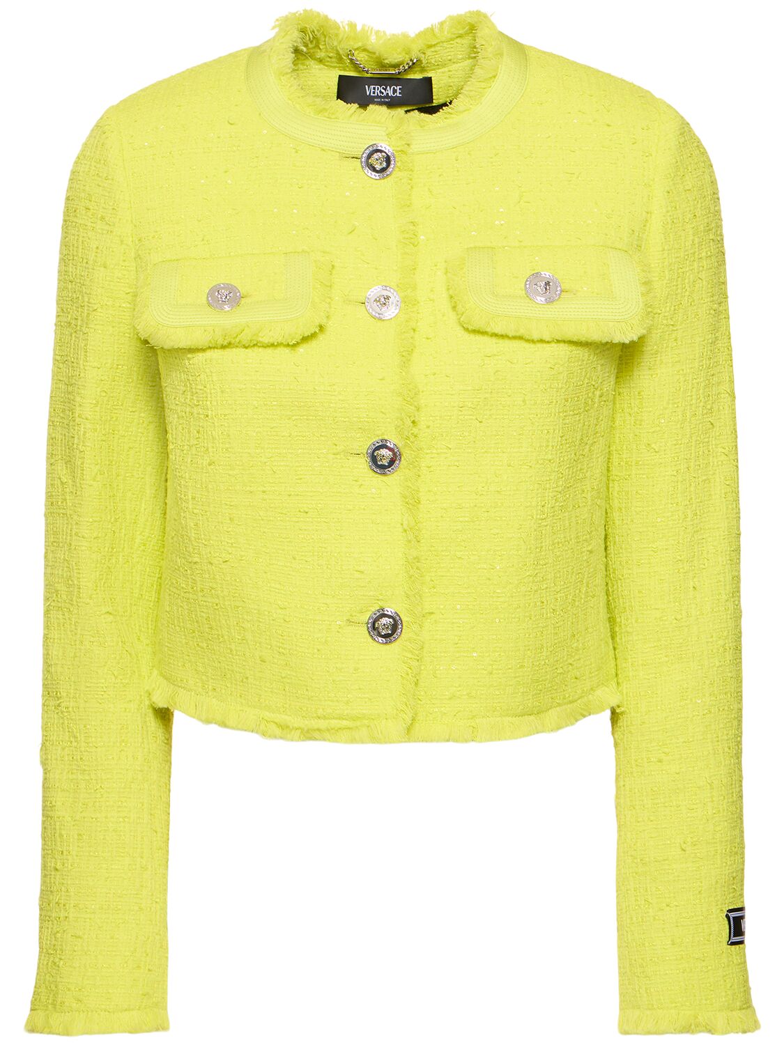 Shop Versace Cotton Blend Tweed Crop Jacket In Yellow