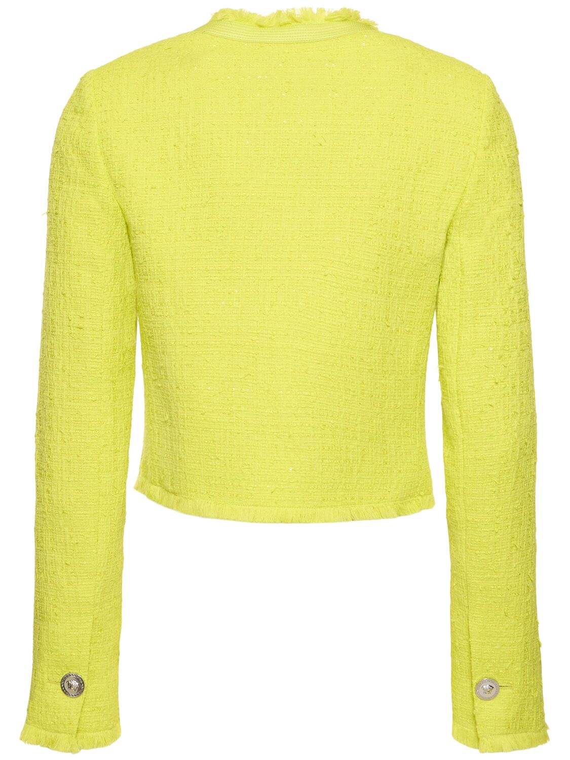 Shop Versace Cotton Blend Tweed Crop Jacket In Yellow