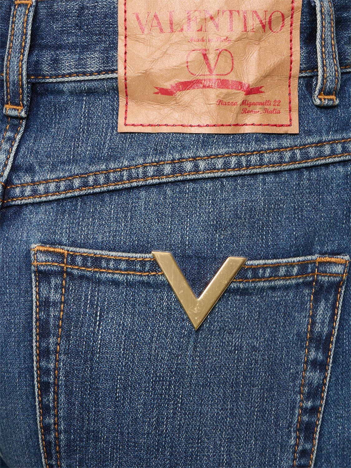Shop Valentino Denim High Rise Cropped Flared Jeans In Dark Blue