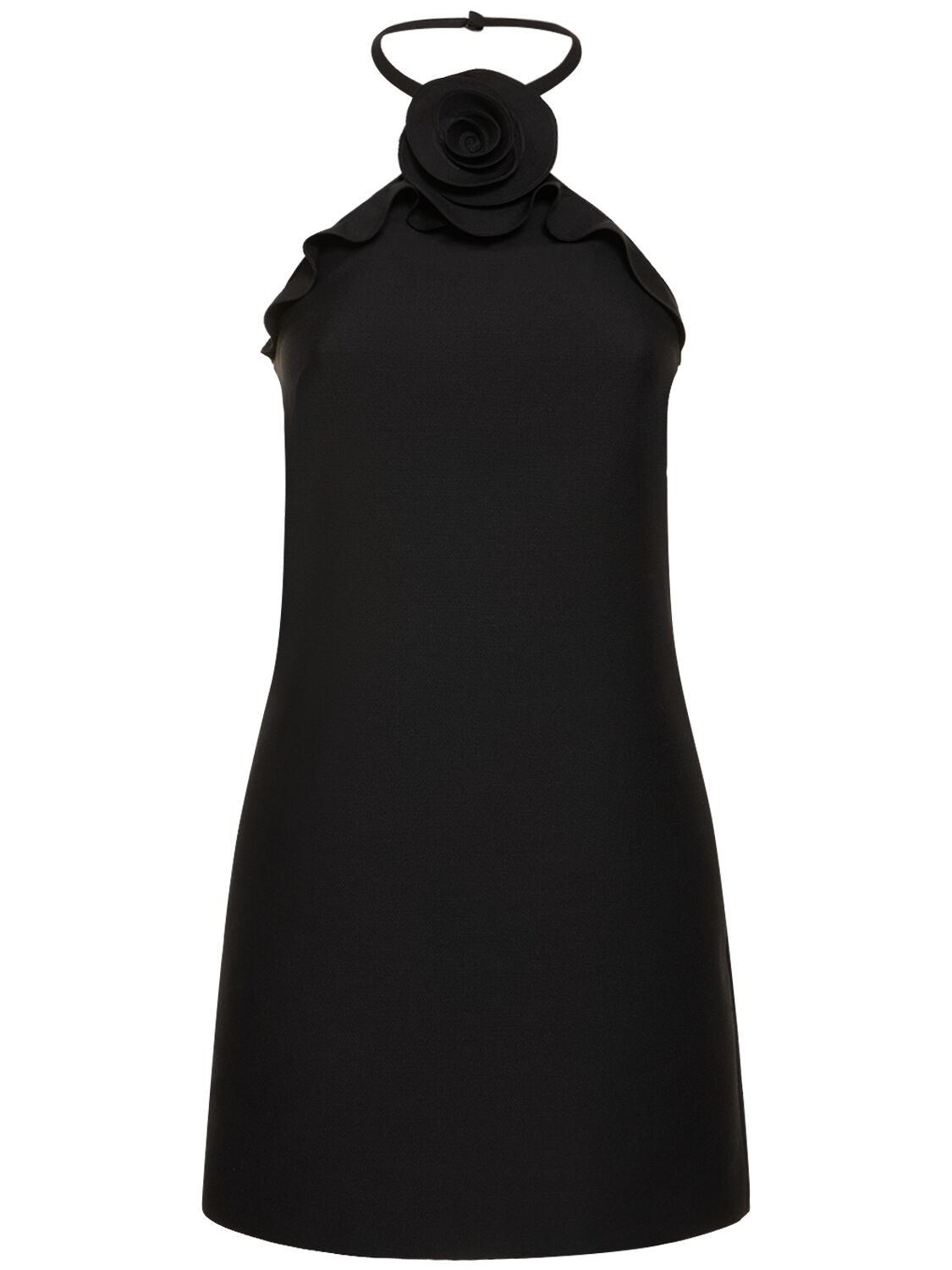 Valentino Wool & Silk Crepe Rose H/neck Mini Dress In Black