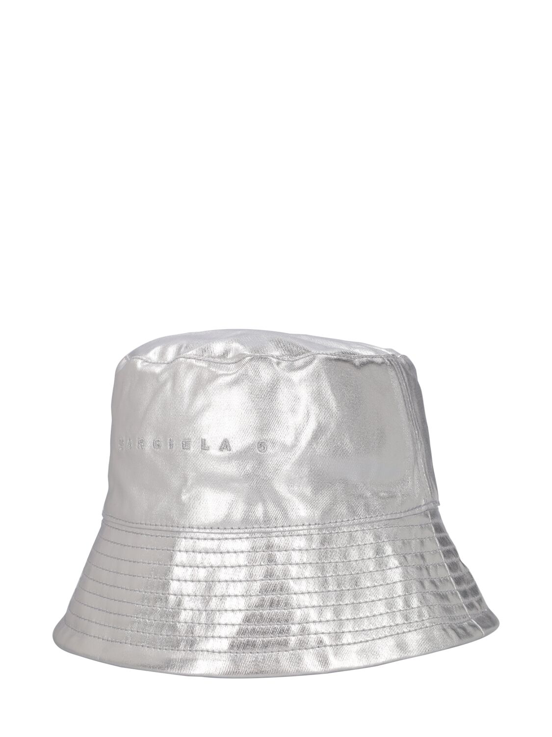Shop Mm6 Maison Margiela Laminated Logo Print Cotton Bucket Hat In Silver