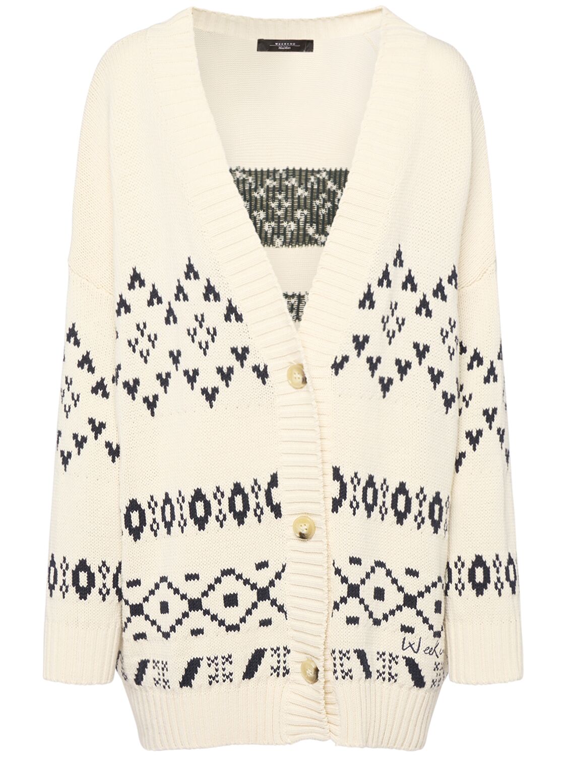 Shop Weekend Max Mara Acacia Embroidered Cotton Blend Cardigan In White/black