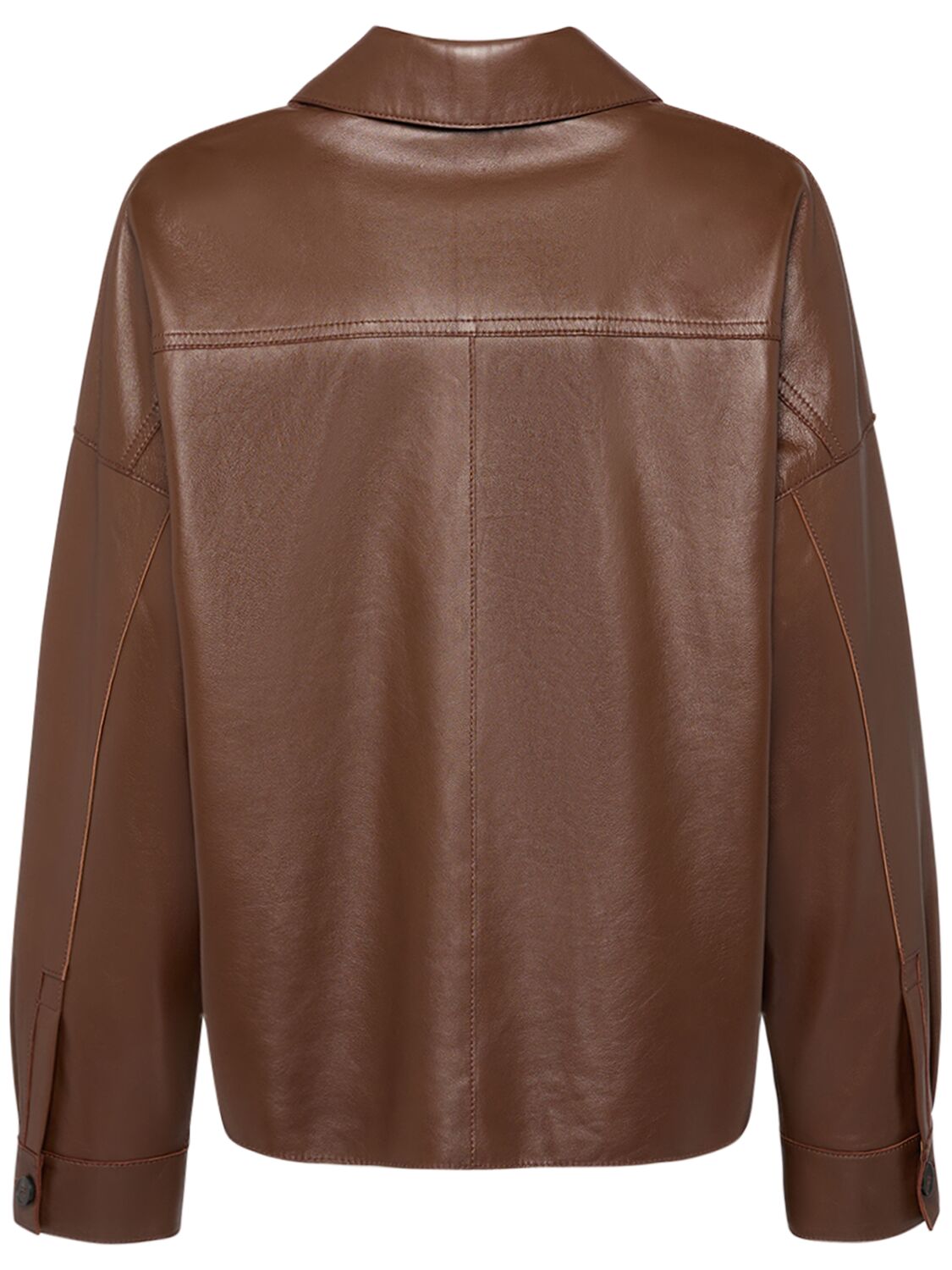 Shop Weekend Max Mara Buono Leather Shirt Jacket W/ Pockets In Brown