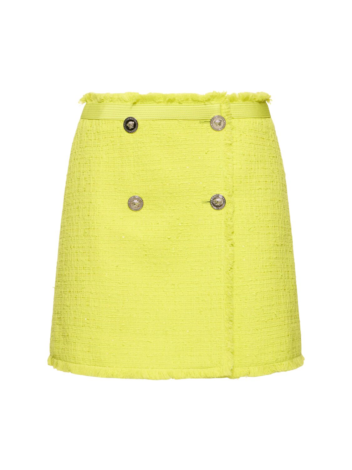 Shop Versace Cotton Blend Tweed Mini Wrap Skirt In Yellow