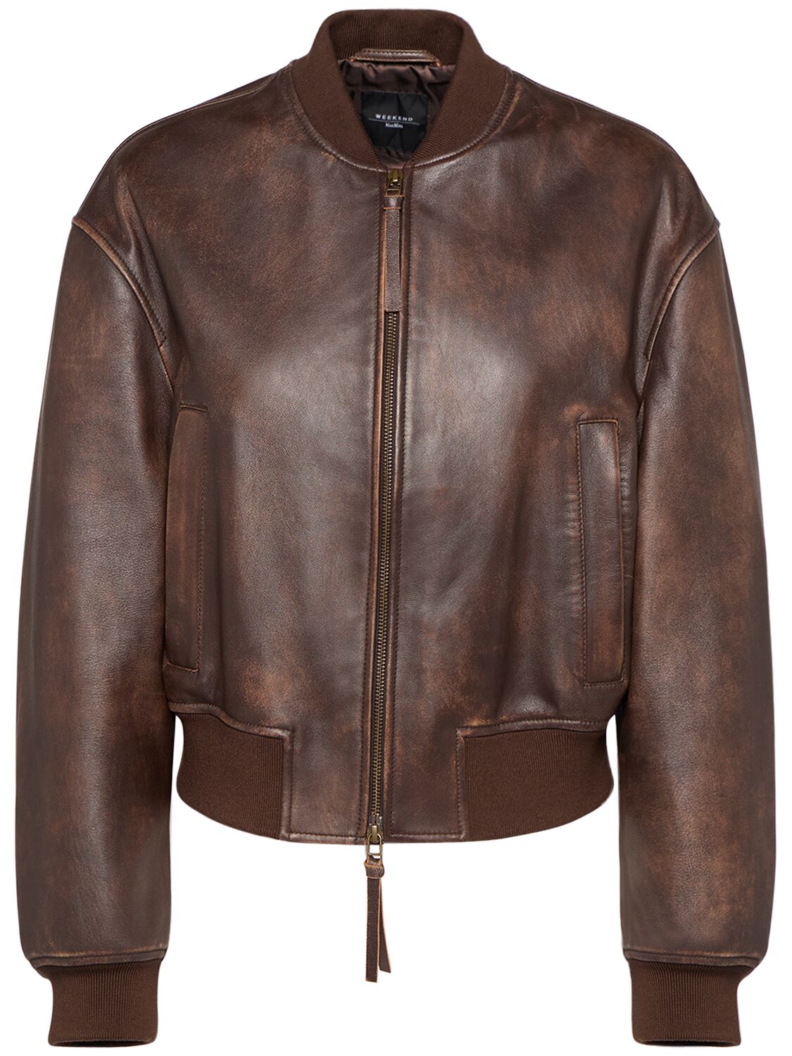 Weekend Max Mara Hiltex Leather Zip Bomber Jacket In Brown