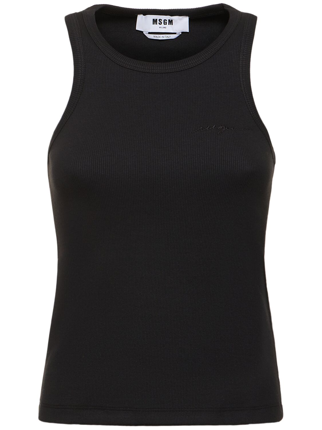 Shop Msgm Ribbed Stretch Cotton Tank Top In Black