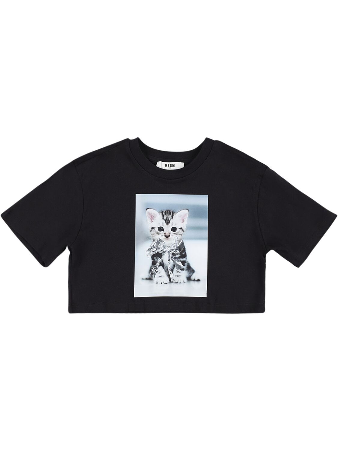 Msgm Kids' Printed Cotton Jersey Cropped T-shirt In Black