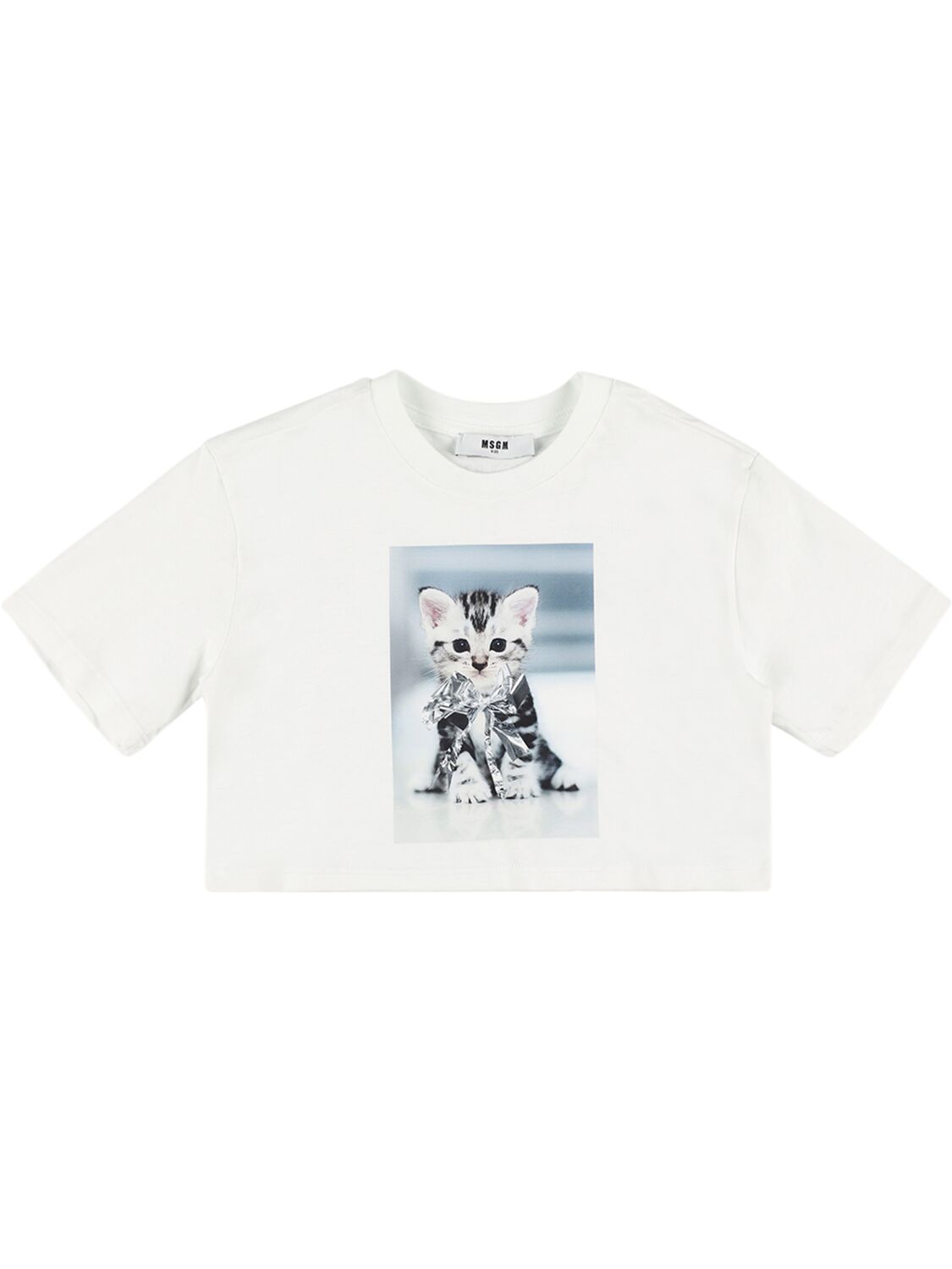 Msgm Kids' Printed Cotton Jersey Cropped T-shirt In White